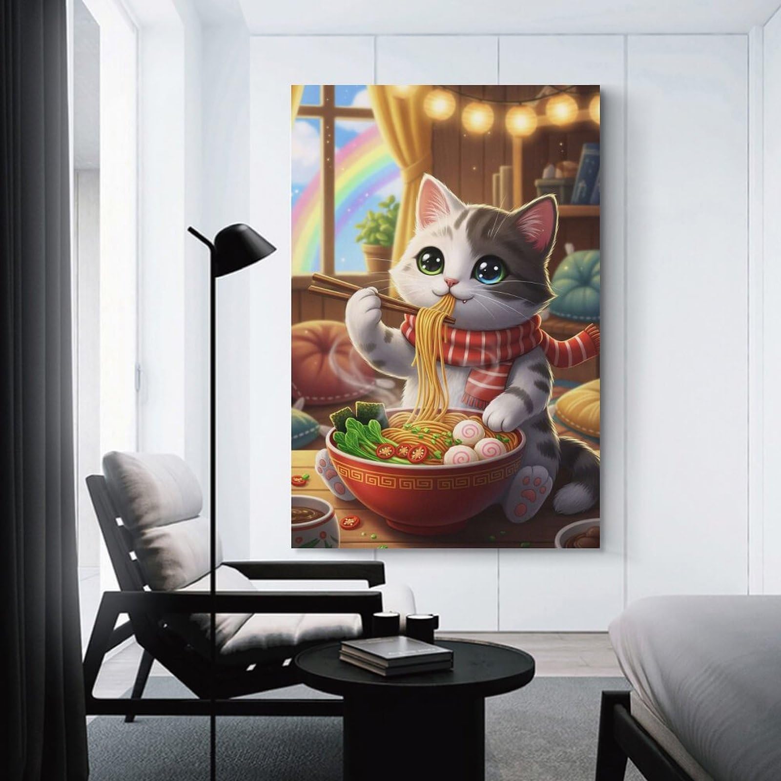 Junmoney Ramen Whiskers Cozy Cat & Noodles Wall Picture Print 20x30inch(50x75cm), for Lounge Decor, Offices Or Entryway Styling, Versatile Wall Decor for Many Rooms