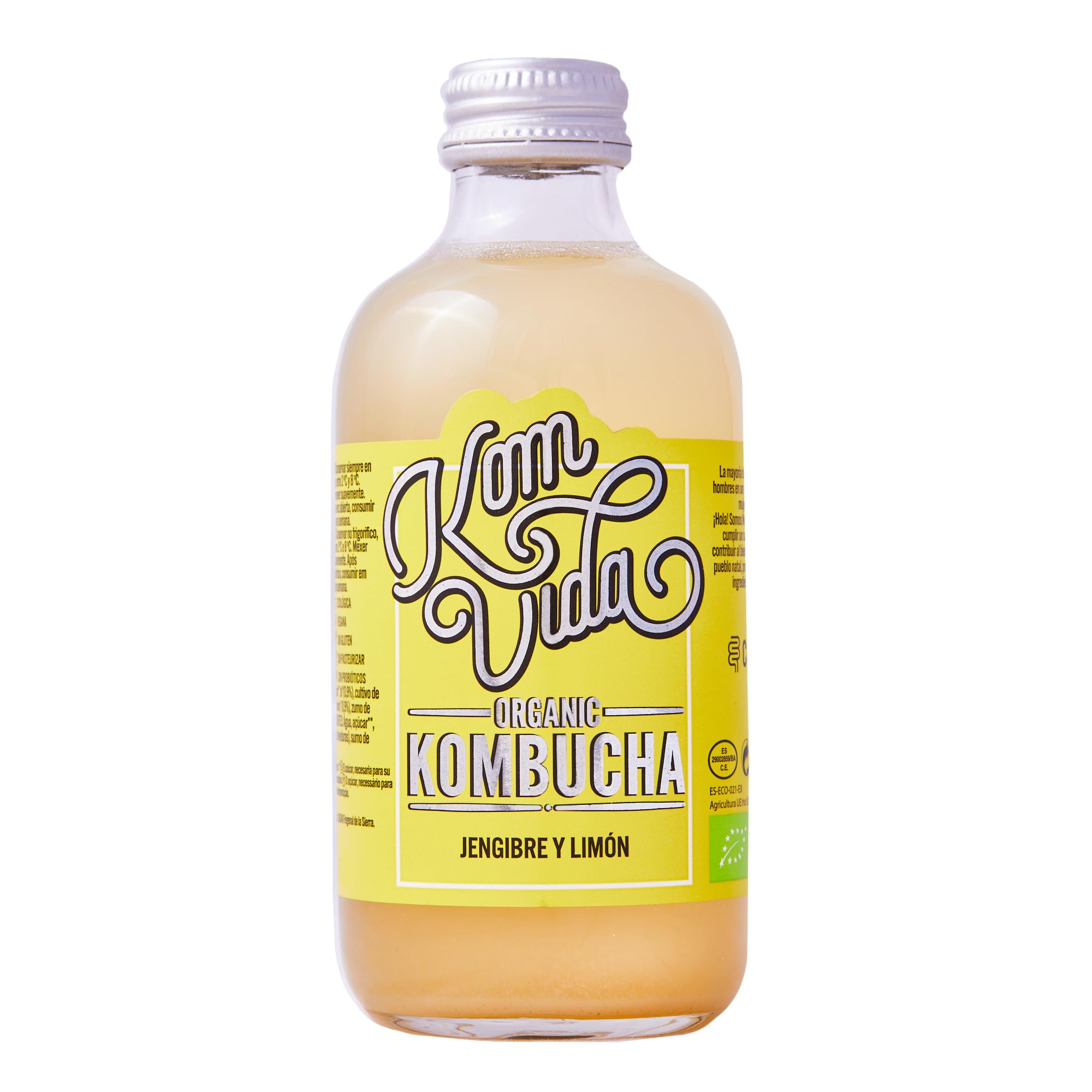 Komvida Kombucha Pack 12x250ml - Bebida Ecológica de Té fermentado, Probióticos Naturales, Sin Azúcares Añadidos - Sabor Jengibre y Limón