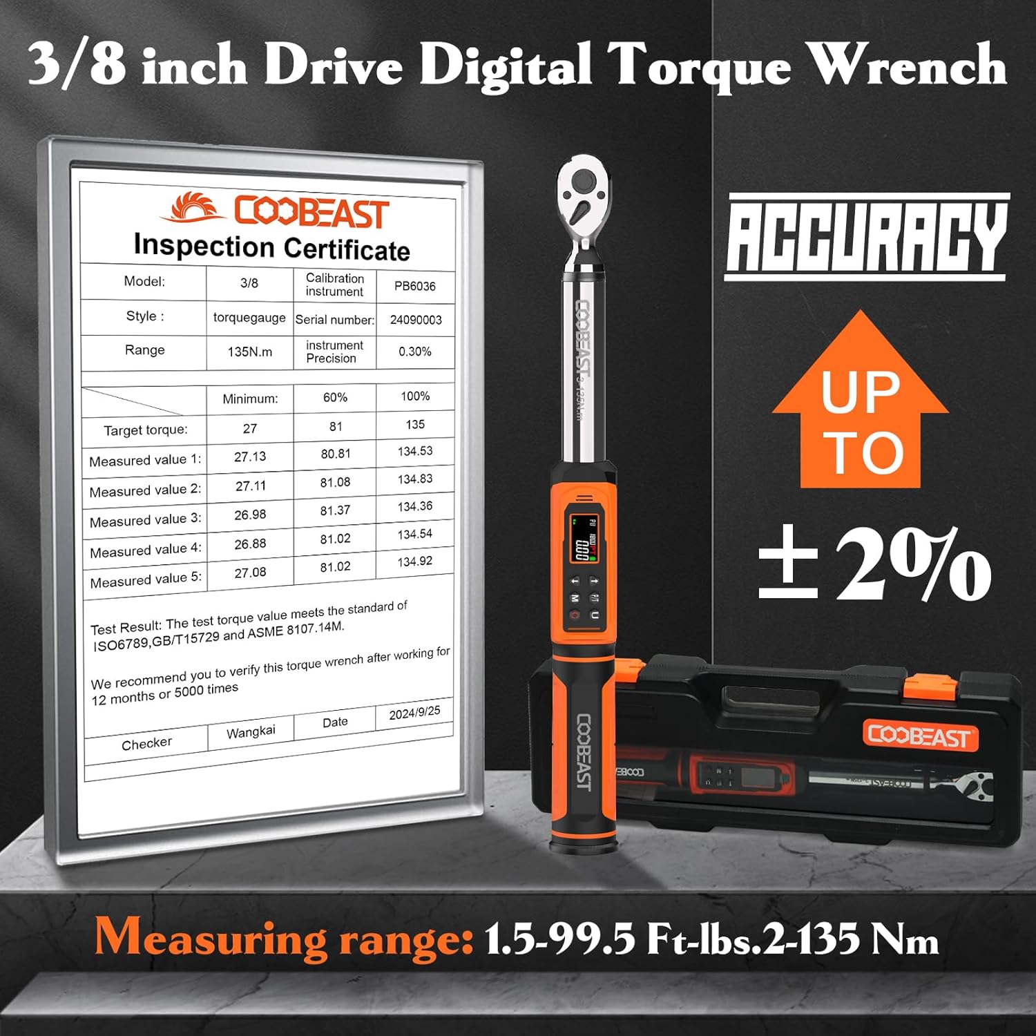 Digital Torque Wrench, 3/8 Drive Electronic Torque Wrench with Preset Value(1.5-99.5 Ft-lbs./2-135Nm), Buzzer and LED Flash Five Units of Measure for Bike Motorcycle Car