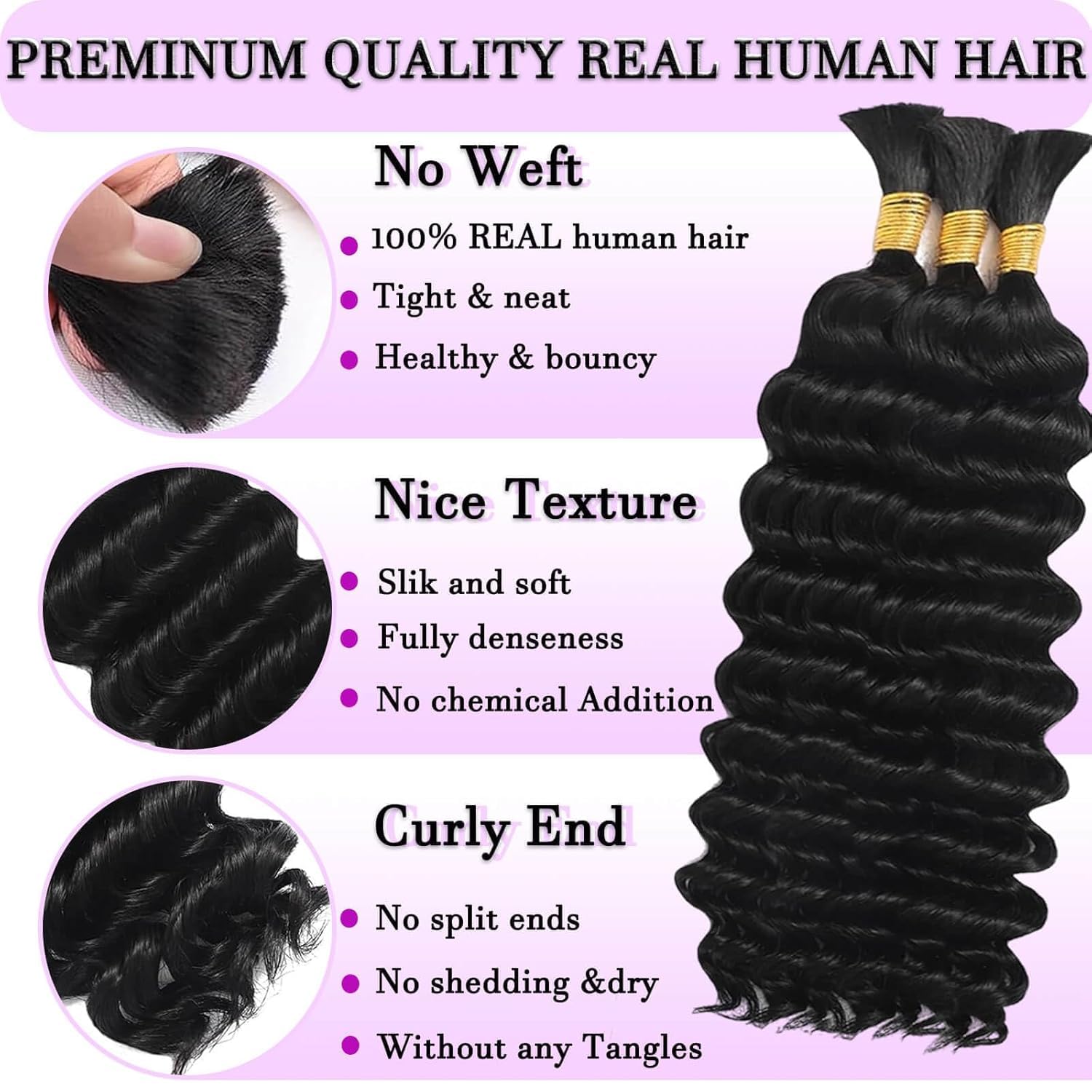 Human Braiding Hair for Boho Braids Human Knotless Hair 110g 20 Inch Bulk Human Hair Deep Wave Bundles Wet and Wavy 12A Boho Human Hair for Braiding Curly Hair Extensions Bulk Bohemian 3 Bundles/Pack
