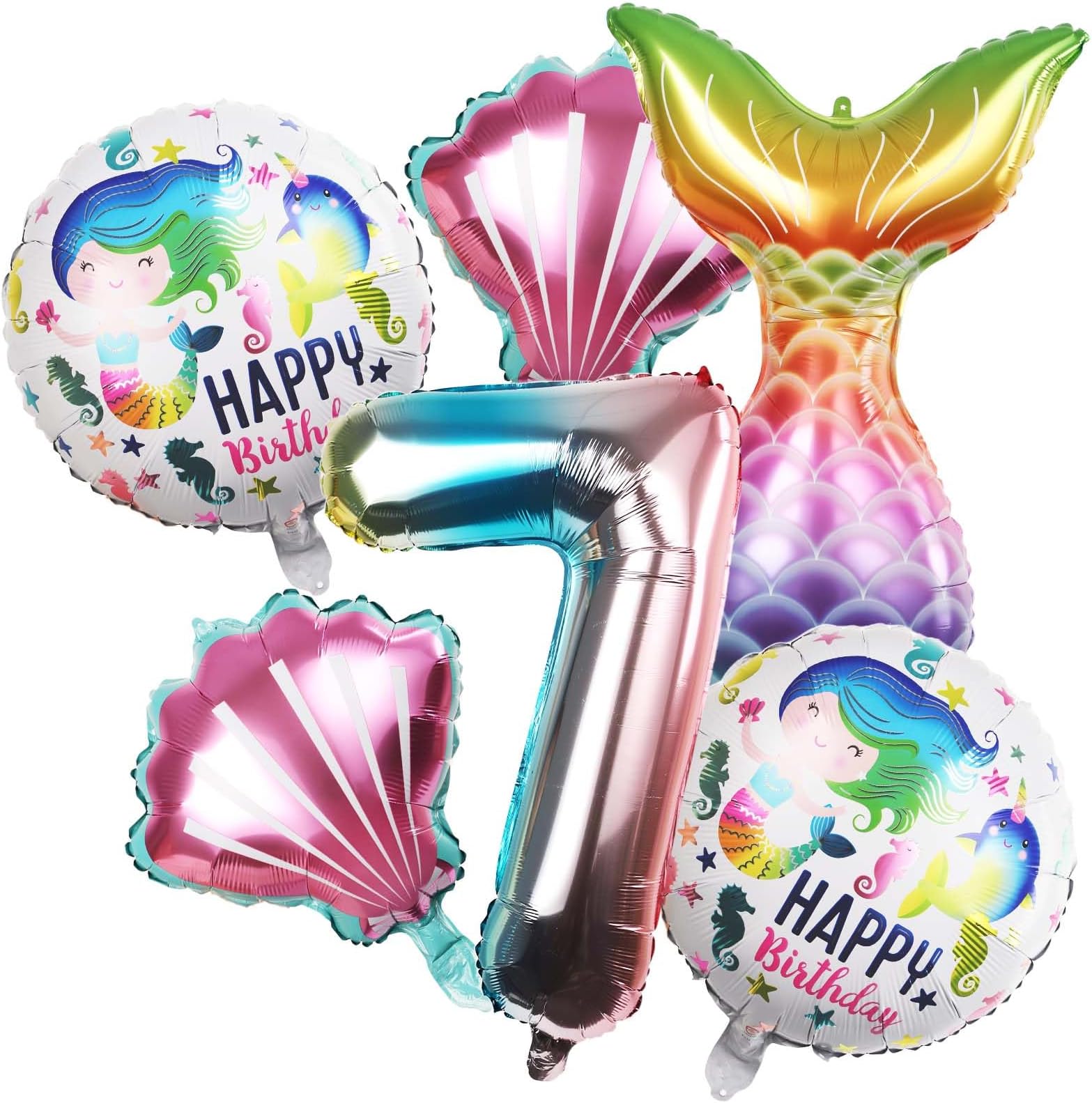 Mermaid Birthday Party Decoration,Mermaid Theme Party Supplies,included Mermaid Tail,Seashell, Large Number Balloons, Cute Colorful Foil Helium Balloons Birthday Decorations for Girls(7)