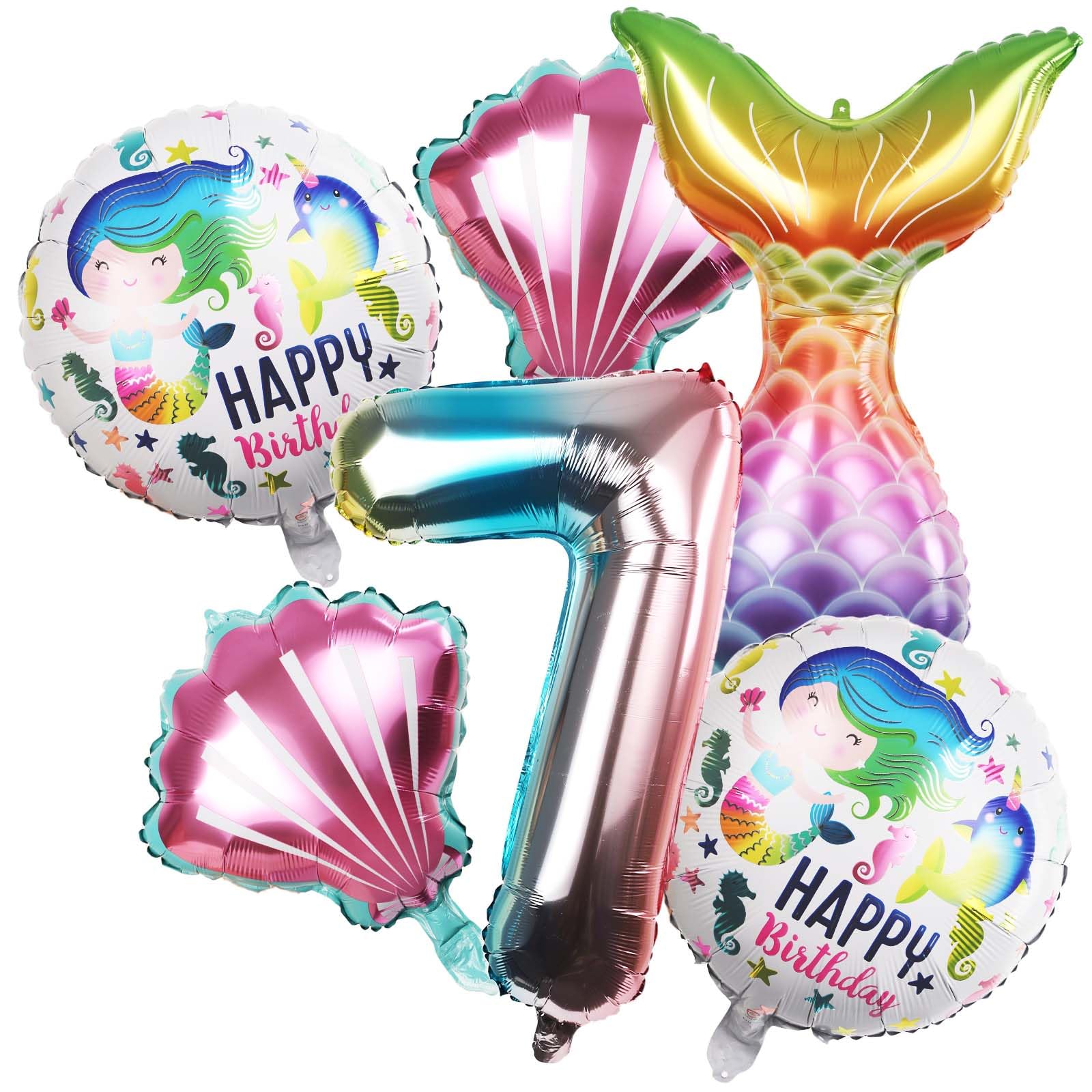 Mermaid Birthday Party Decoration,Mermaid Theme Party Supplies,included Mermaid Tail,Seashell, Large Number Balloons, Cute Colorful Foil Helium Balloons Birthday Decorations for Girls(7)