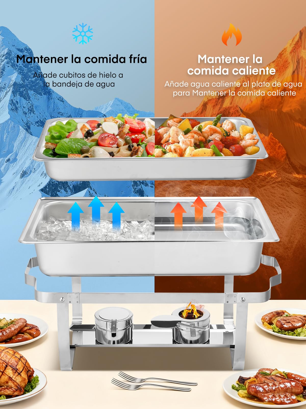 Calentadores de Comida para Buffet, 4PCS Chafing Dish Buffet Set, 9L Servidor de Calentador Buffet de Acero Inoxidable, Calentador de Alimentos para Catering Fiesta (2×GN1/1+2×GN1/2+4×GN1/4)