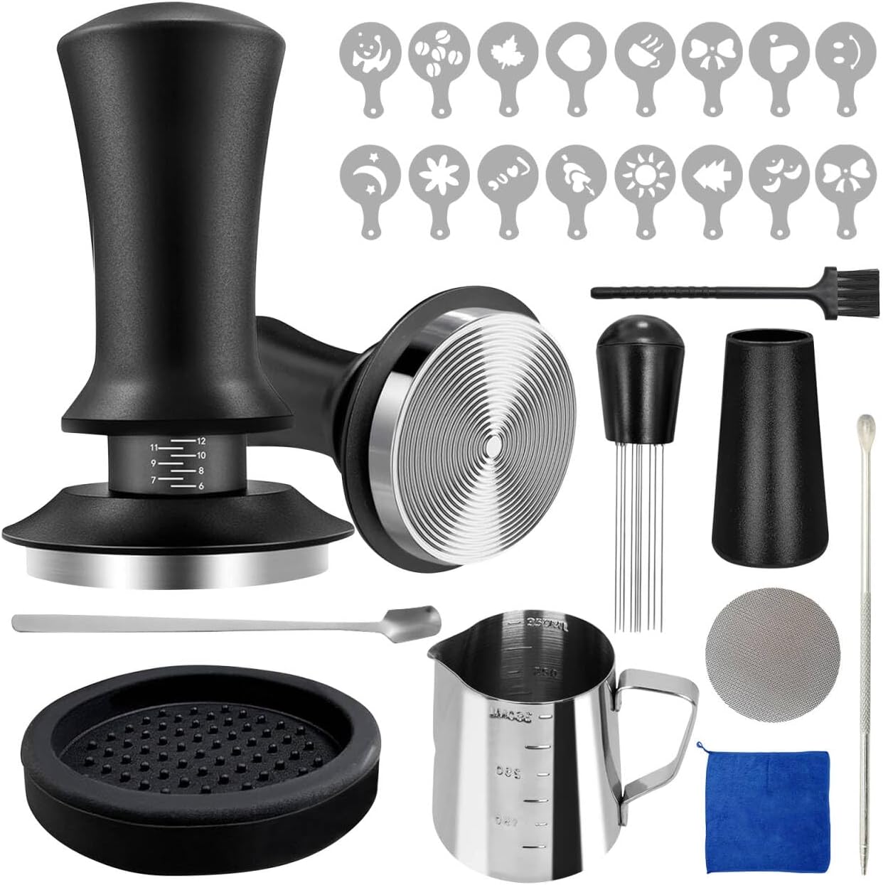51mm Espresso Accessories, 25pcs Espresso Tamper, With Tamper Mat, Latte Art Pen,Pulling Template*16 Rag Pulling Cup,Barista Towel