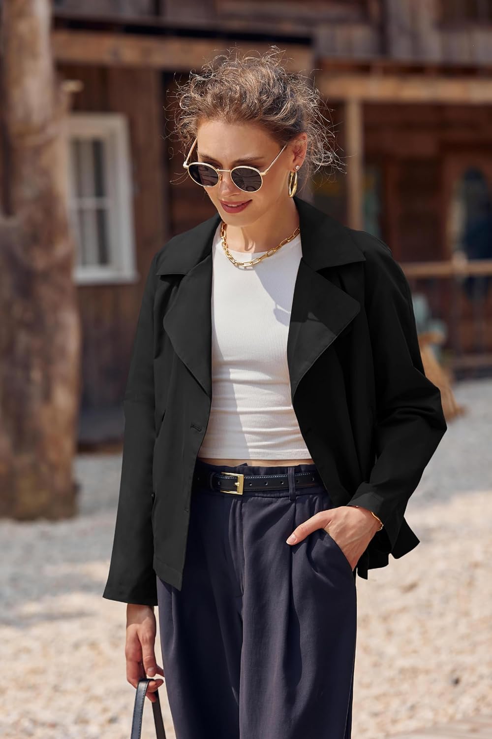 Onedreamer Women's Double Breasted Trench Coat Classic Lapel Long Sleeve Blazer Jackets Casual Outerwear With Belt - Image 2