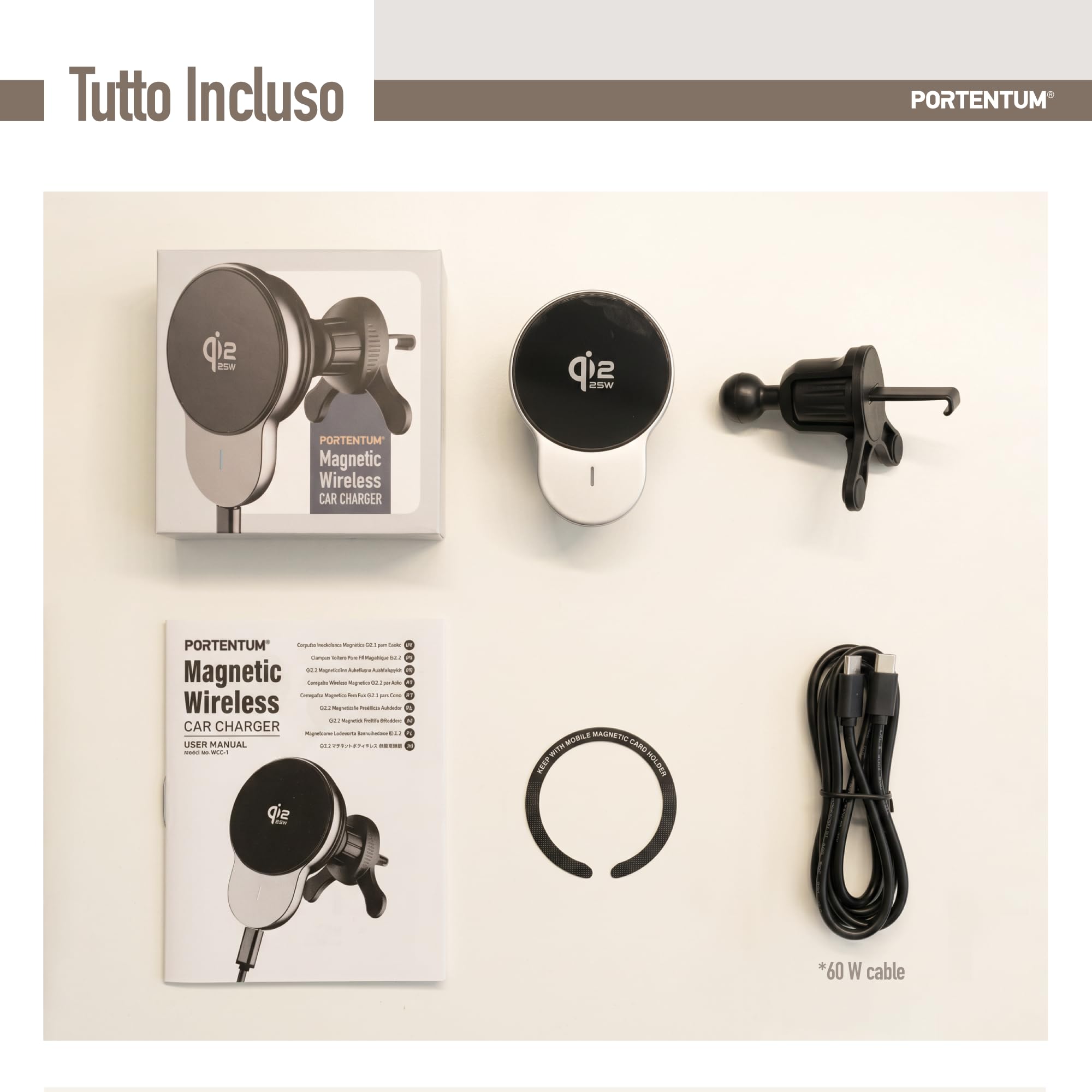 PORTENTUM Caricatore wireless auto Qi2.2 25W certificato nel 2026 – Raffreddamento attivo – Potenti magneti N52 – Supporto telefono auto con cavo USB-C 60W – Compatibile con MagSafe, iPhone e Qi
