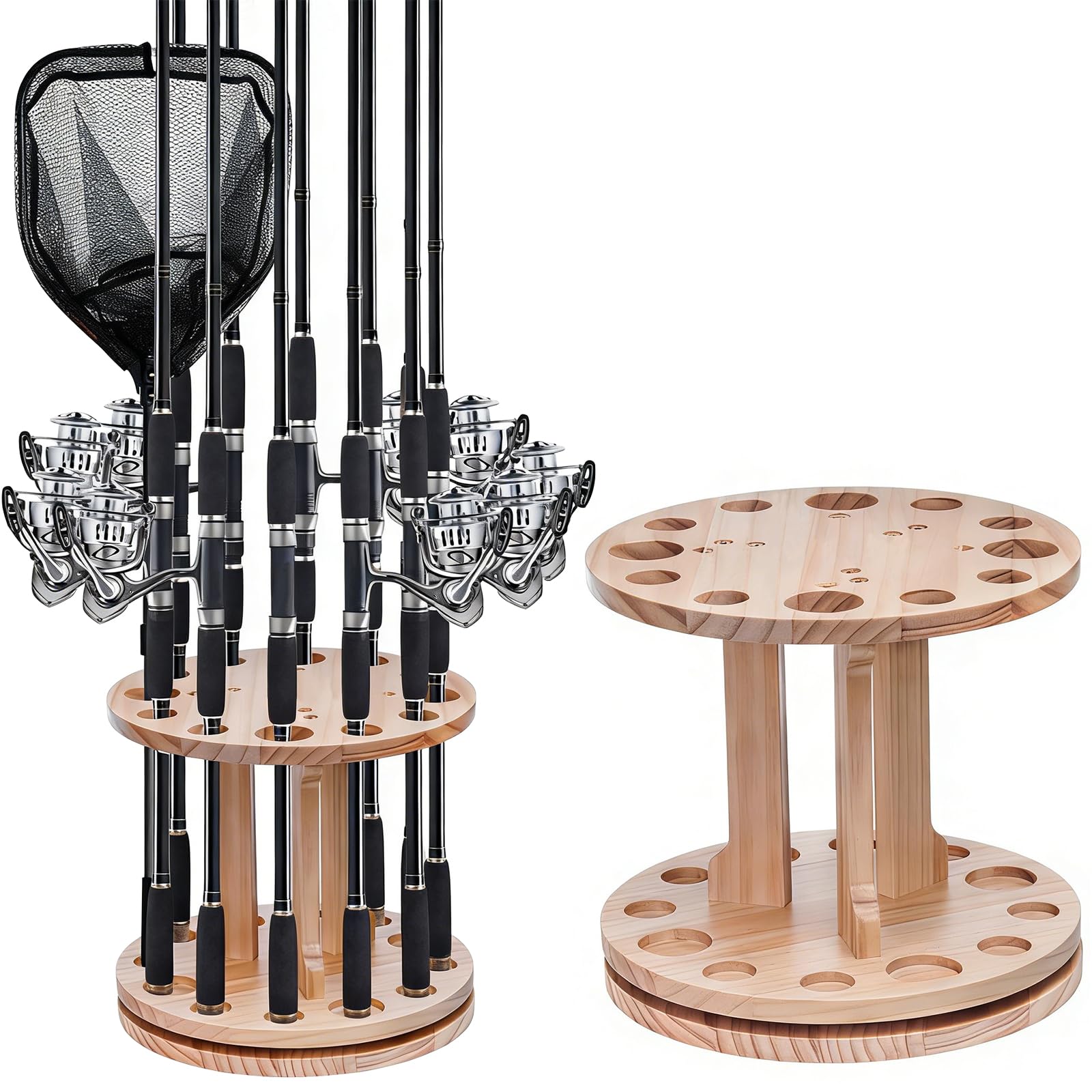 JAOGAUS Wooden Fishing Rod Holder, Rotatable Fishing Rod Stand with 12 Holes, Sturdy Rods Rack for Anglers