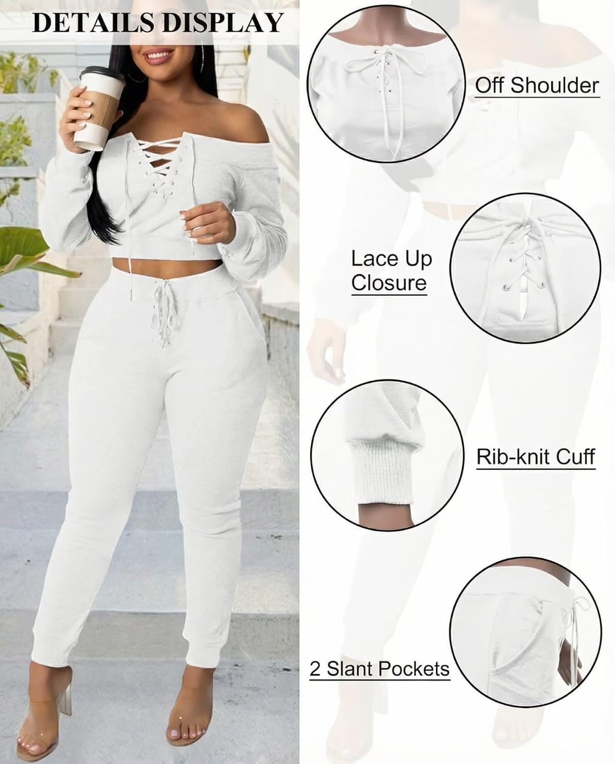 acelyn Sexy 2 Piece Outfits for Women Off Shoulder Lace Up Long Sleeve Crop Top Pants Sets Tracksuit Casual Sweatsuit