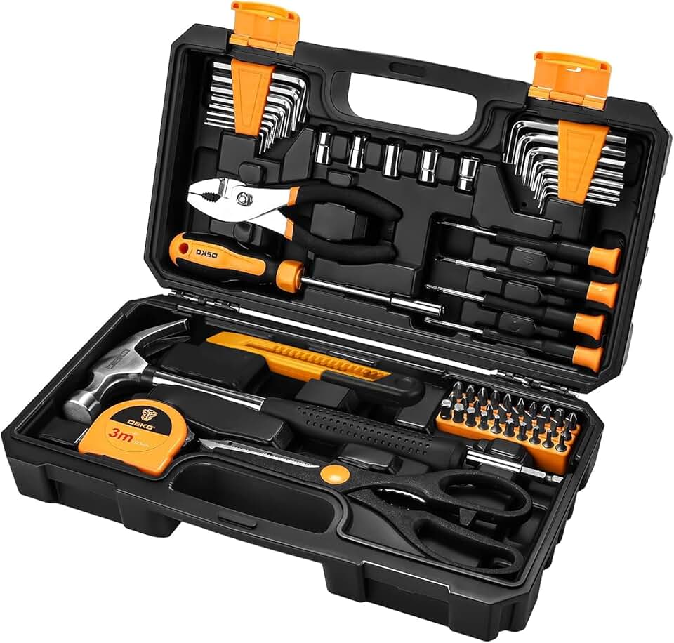 DEKO outils bricolage kit - 62 Pièce malette outils à Main Ménage Général avec Boîte à Outils en Plastique Mallette de Rangement