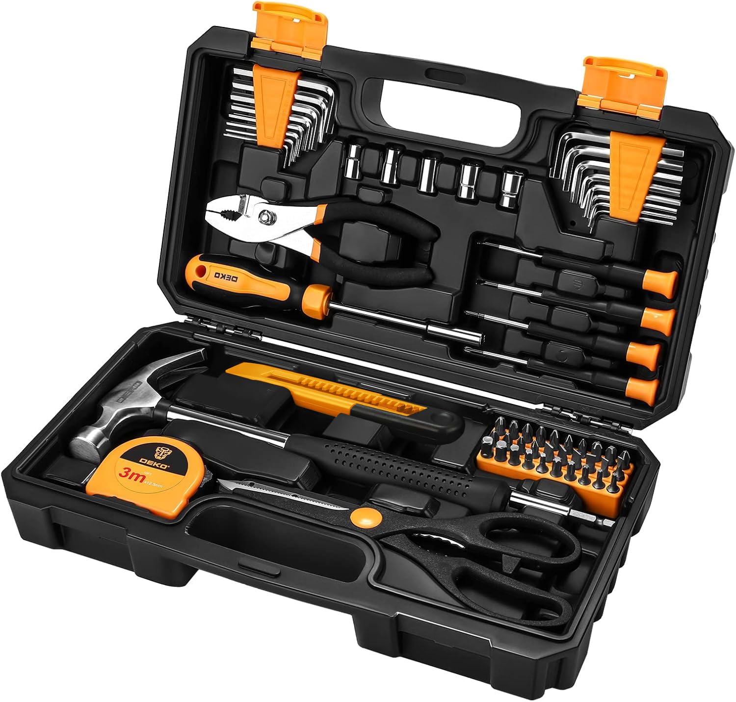 DEKOPRO Juego de 62 Herramientas Manuales, Caja de Herramientas Pequeña y Portátil, para hogar, oficina, bricolaje y reparaciones, Amarillo