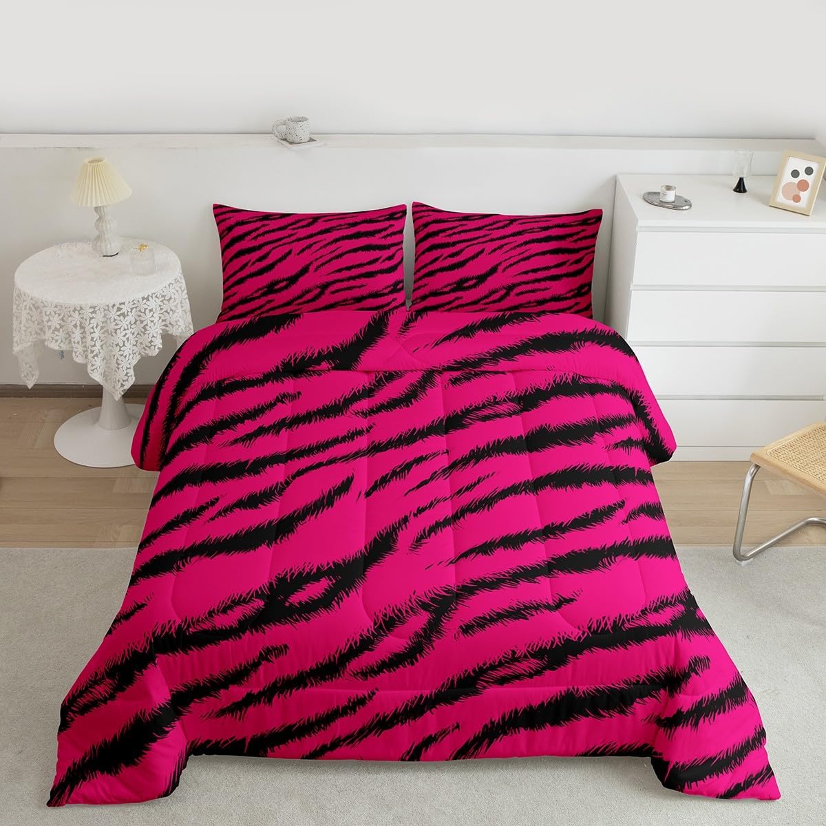 jejeloiu Zebra Stripes Comforter Set All Season Leopard Print Bedding Set with 1 Pillow Cases Zebra Leopard Fur Kids Twin Bedclothes Wild Animal Skin Bedroom Decor Hot Pink Duvet Quilt Breathable Soft