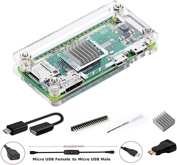 GeeekPi For Raspberry Pi Zero 2W/Zero W Case 7 in 1 Basic Starter Kit 20-Pin GPIO Header OTG Cable Switch Cable HDMI Adapter Heatsink and Screwdriver Acrylic Clear