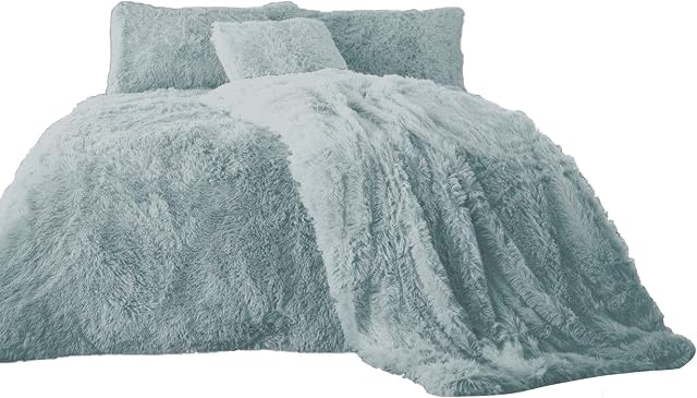 EXQUIZIT HOME Teddy Cuddles Fleece Duvet Quilt Cover Bedding Set With Matching Pillowcase Warm and Cosy Hug & Snug Duck Egg Bedding Set Superking 260cm x 220cm Approximately.