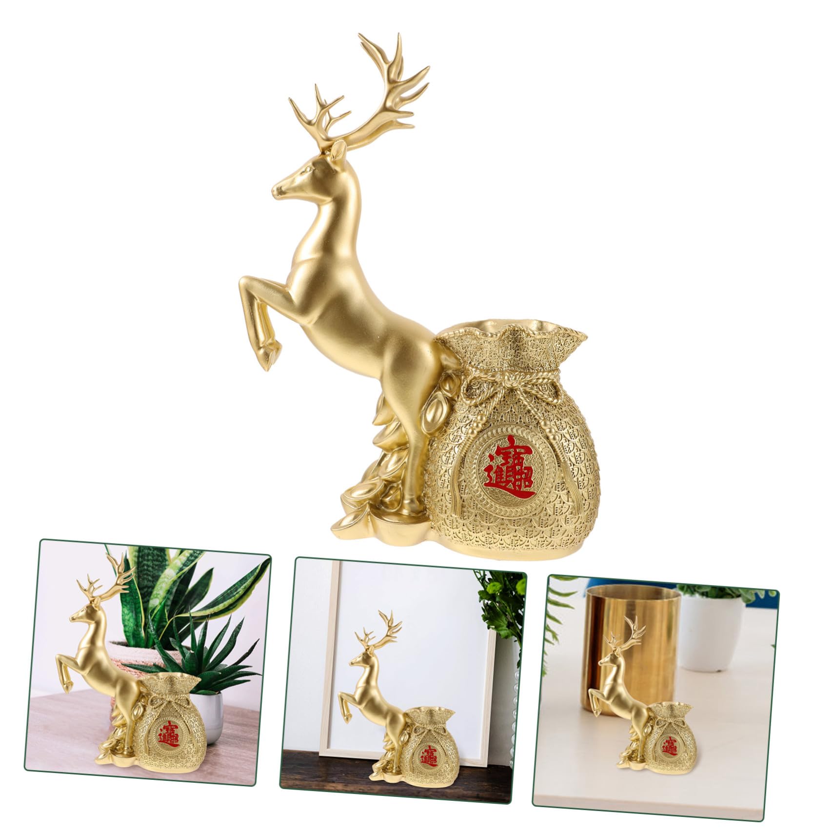 Glücksbringer Dekofigur REH mit Segensbeutel Resin Skulptur für Wohnzimmer Tv-Schrank Tischdekoration Geschenkideen