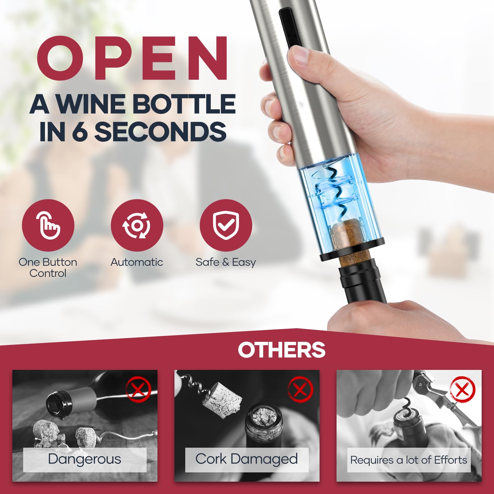 Electric Wine Opener,Automatic Wine Bottle Opener Rechargeable Cordless Electric Corkscrew Wine Opener Gift Set with Wine Stopper, Foil Cutter, Wine Aerator,Storage Base & Charging Cable