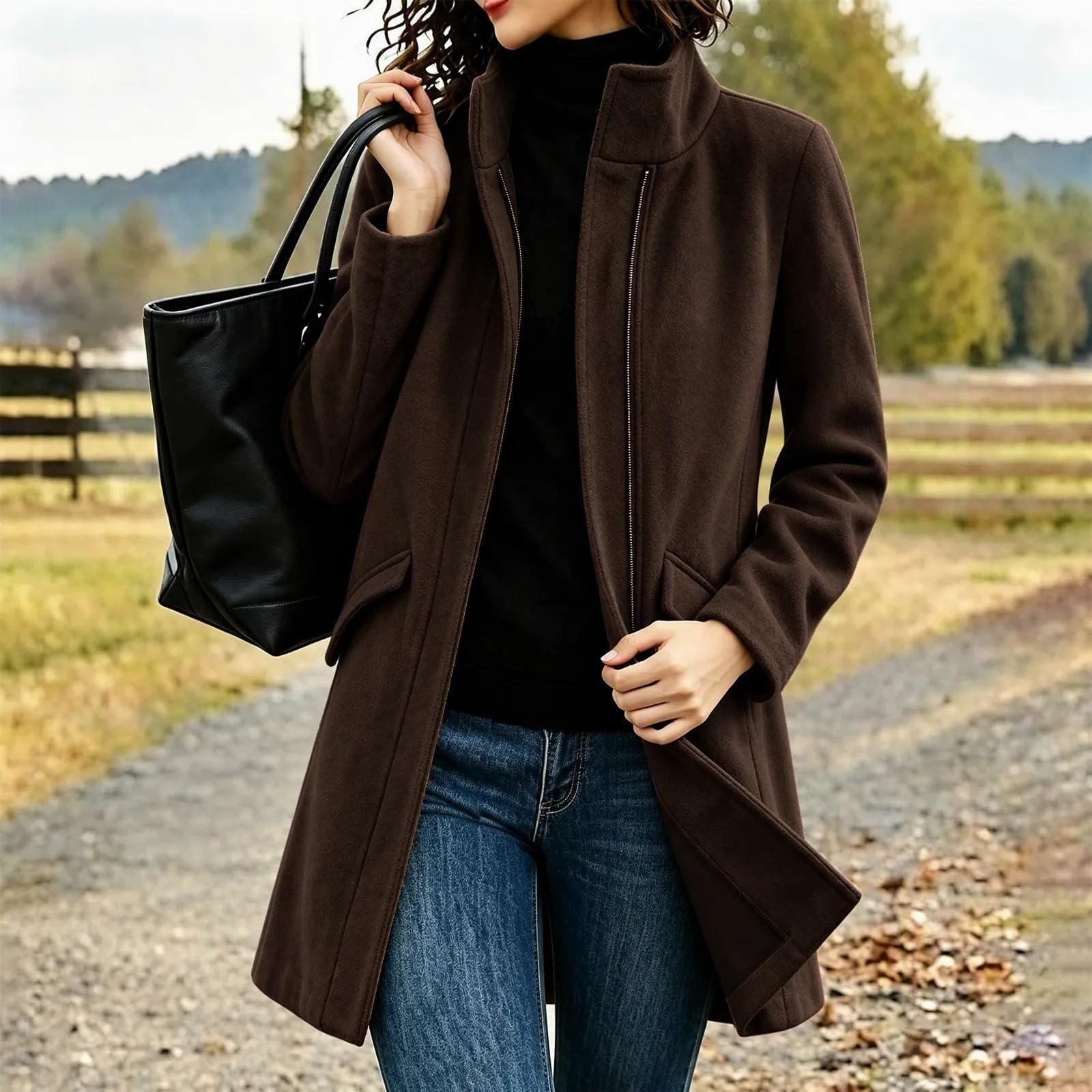 Generisch Winter Damen Wollmantel Stehkragen Freizeitjacke Lange Trenchcoat