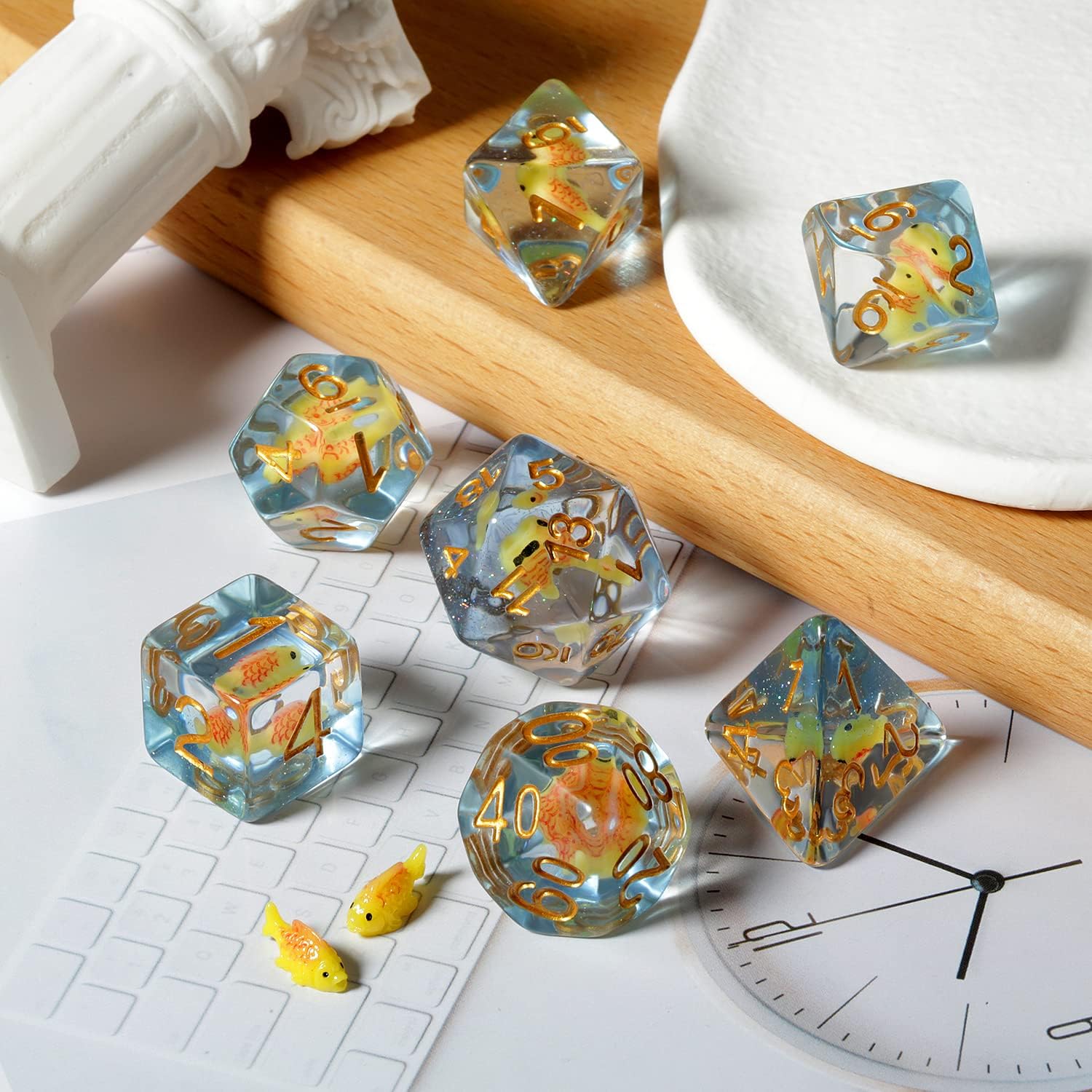 Fish DND Dice, DNDND 7PCS Resin Dice Set with Velvet Bag for Dungeons and Dragons D&D Role Playing Games and Tabletop Games （Fish DND Dice Set