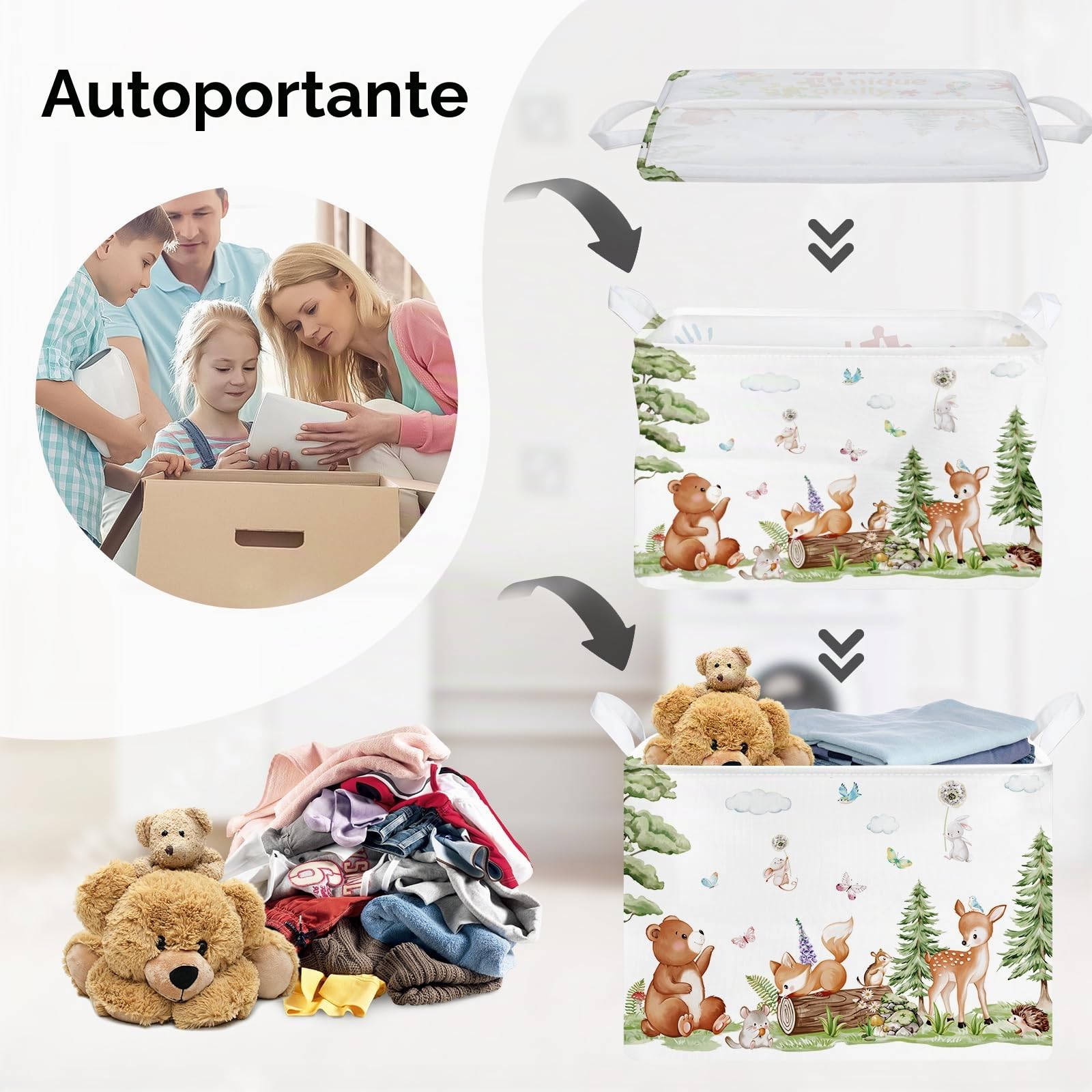 Grande Cesta Porta Biancheria Bambini Animali Foresta Orso Volpe Pieghevole Cestini Portaoggetti Giocattoli Vestiti per Bagno Cameretta, Scoiattoli, 36L