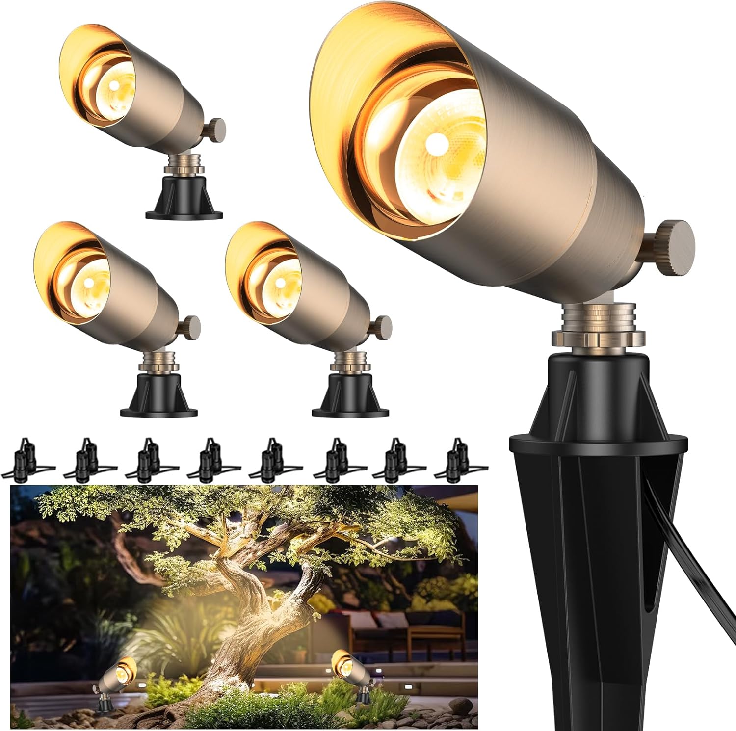 ZONEGRACE Solid Brass Outdoor Uplights & Accent Light Fixtures, Heavy Duty 12V Low Voltage LED Landscape Lighting Bronze, Wired Spotlight for Garden,Lawn,Patio and Yard Without LED Bulb (4 Pack)