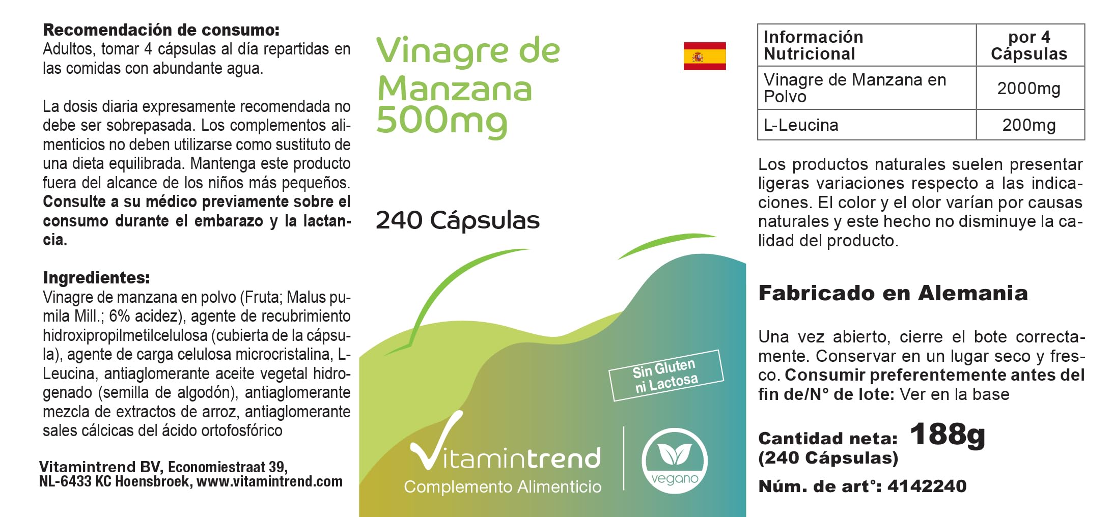 Vitamintrend Vinaigre de cidre 500 mg, 240 gélules, 2000 mg de poudre de vinaigre de cidre par dose quotidienne, complément alimentaire végan sans stéarate de magnésium, fabriqué en Allemagne