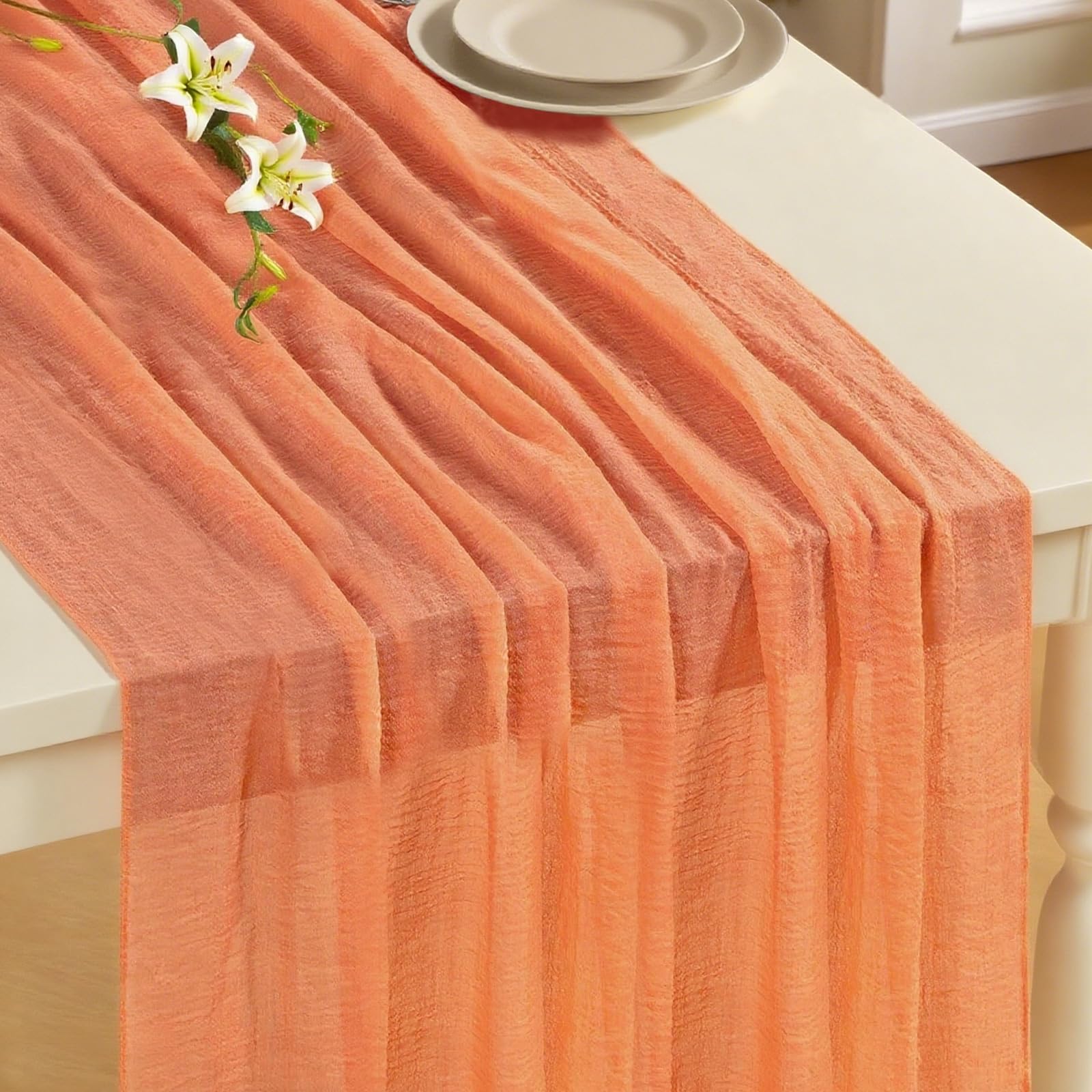 Photo 1 of 6 Pack Orange Table Runner 120 Inch Rustic Cheesecloth Table Runner 10Ft Sheer Gauze Tablecloth for Wedding Cheese Cloth Table Runners Bridal Baby Shower Home Decoration