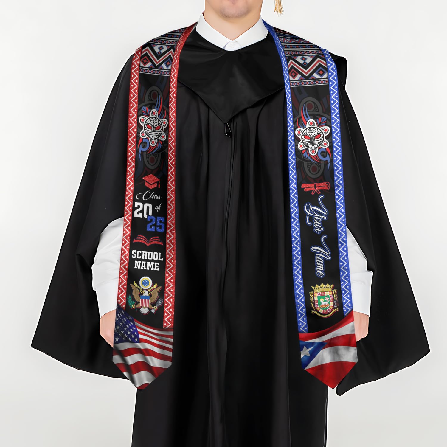 MonkeyVan Personalized Puerto Rico Graduation Sash 2025, Custom Puerto Rican American Flag Graduation Stole Class of 2027 S155
