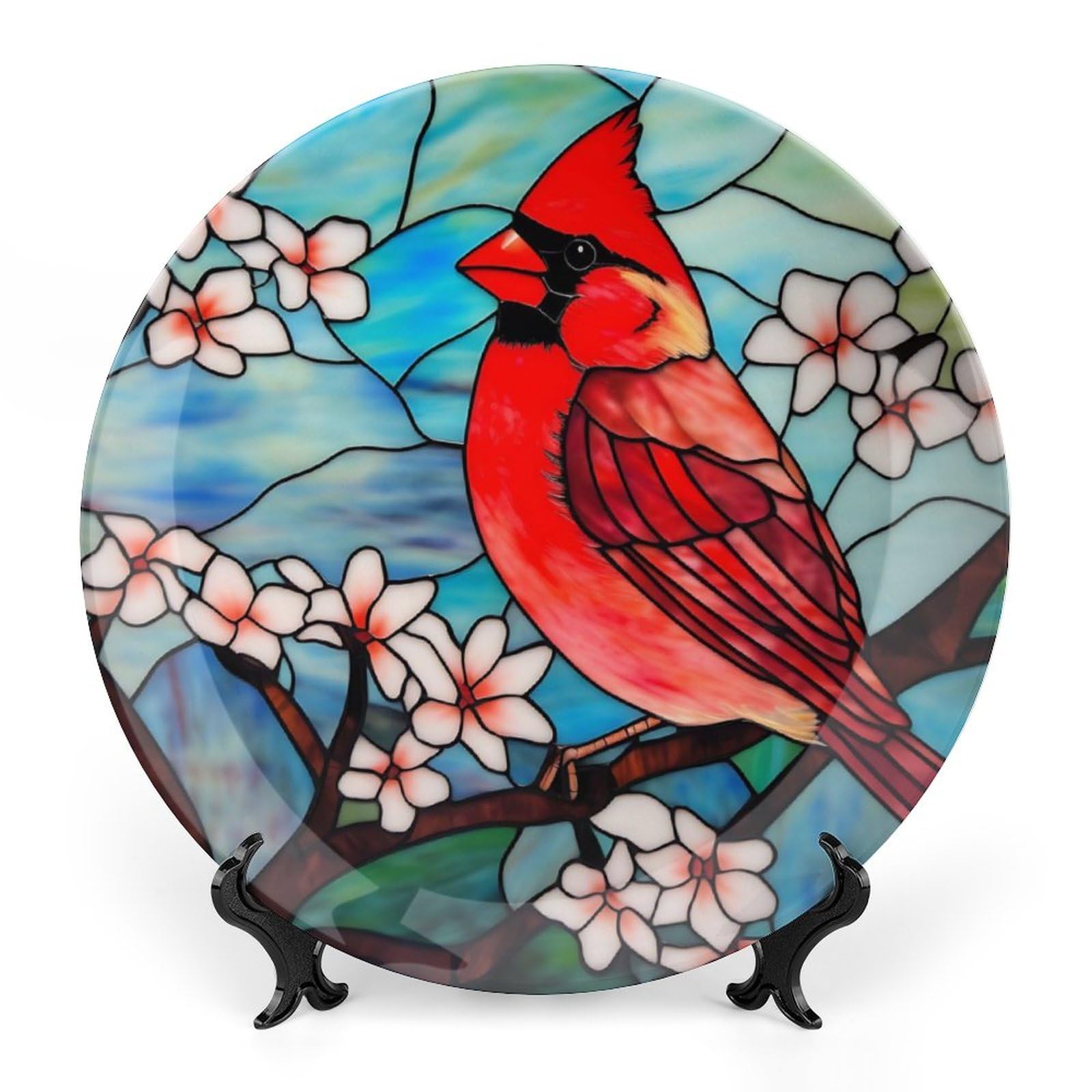 Decorative Plates, Red Bird & Pink Flower Stained Glass Painting Ceramic Dinner Plate Home Wobble-Plate with Display Stand, Wall Hanging Decor for Kitchen Household 10 Inch, Gifts for Loss of Loved