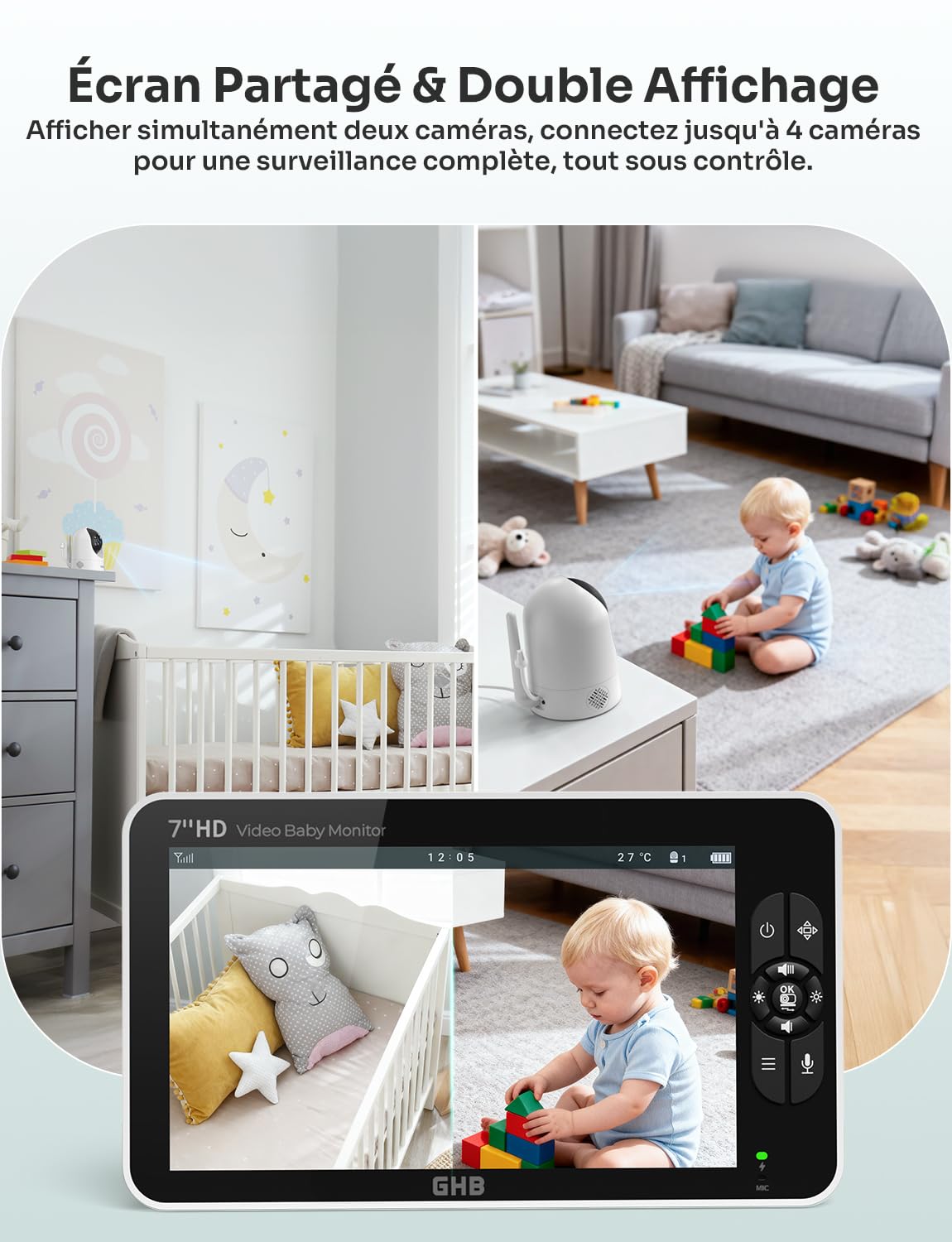GHB Babyphone Cémera 7" 1080P Caméra Bebe Surveillance 350° Rotation Écran IPS HD Mode VOX 168H Autonomie de la Batterie Audio Bidirectionnel Alerte de Température 8 Berceuses