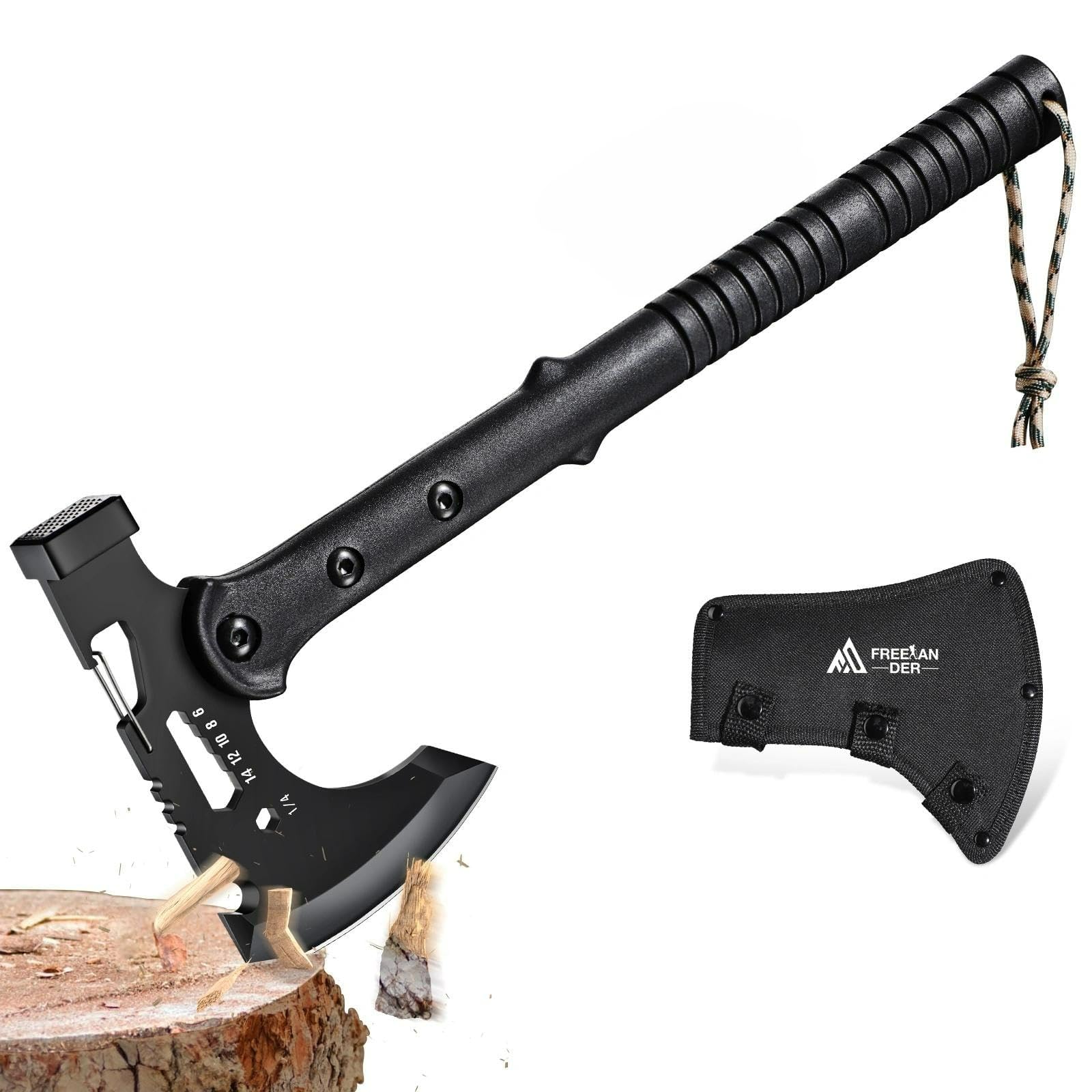 Freelander Ascia da Sopravvivenza da Esterno con Martello - Accetta da Campeggio Affilata con Fodero in Nylon, Manico Antiscivolo in ABS per Spaccare la Legna, Ideale per Bushcraft, Campeggio e Avvent