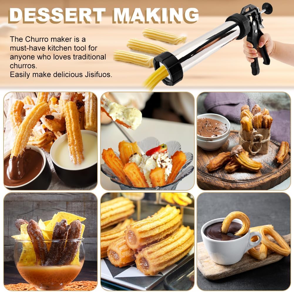 3-in-1 Stainless Steel Churros Maker Machine – Multifunctional Cookie Press with Piping Bag, Nozzles & Discs