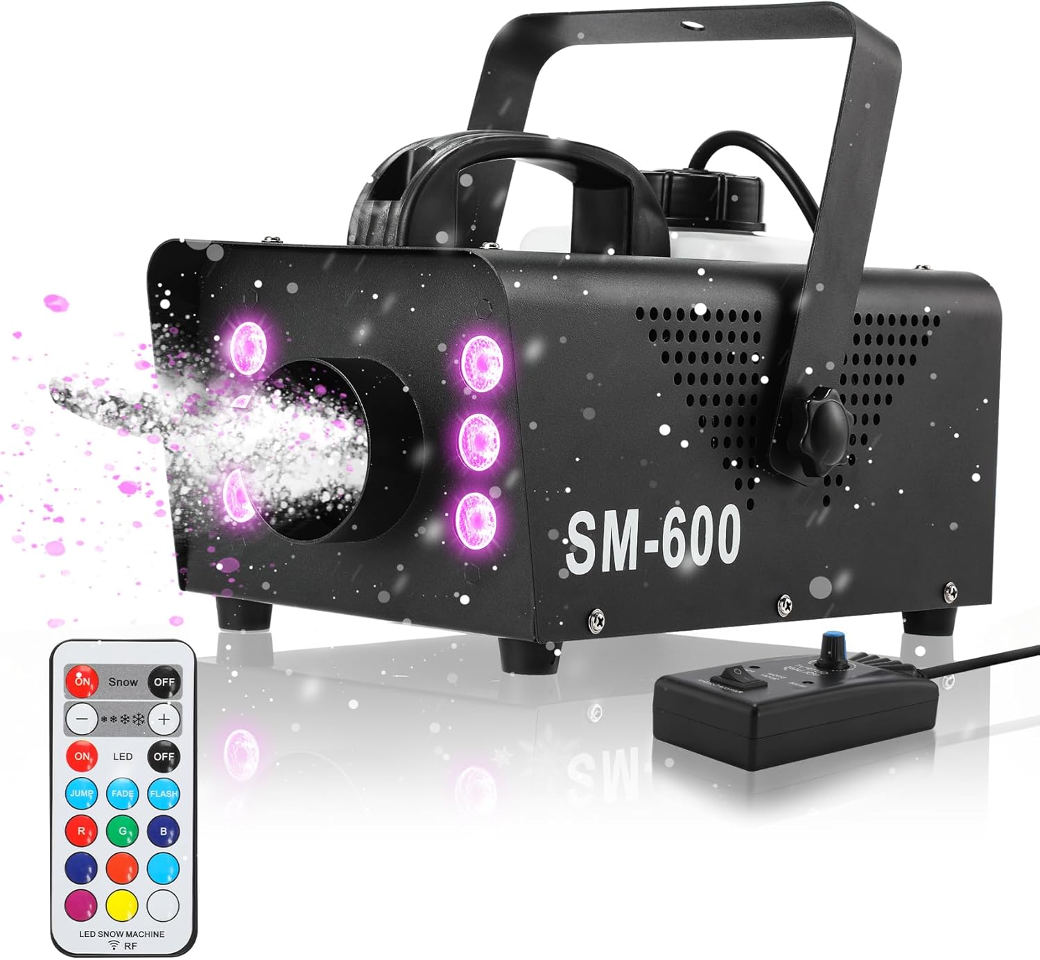 TCFUNDY Snow Machine with 6 LED Lights, 600W Snow Making Machine with 12 Color Lights Effect Snowflake Maker with Remote Control