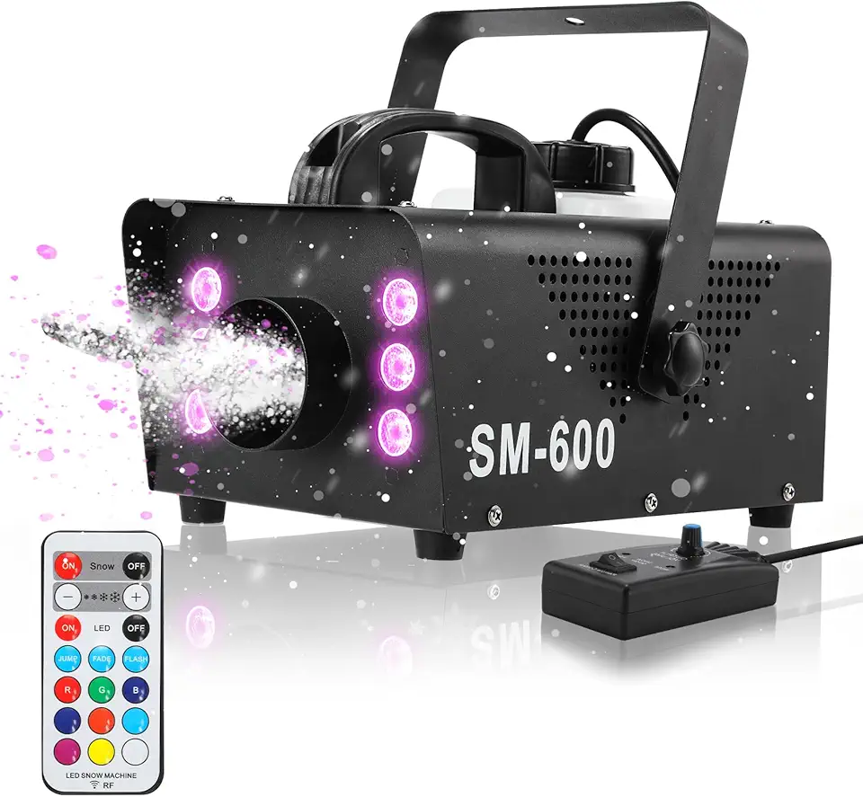 TCFUNDY Máquina de Neve com 6 Luzes Led, 600W, com 12 Efeitos de Luzes Coloridas e Controle Remoto para Fazer Flocos de Neve.