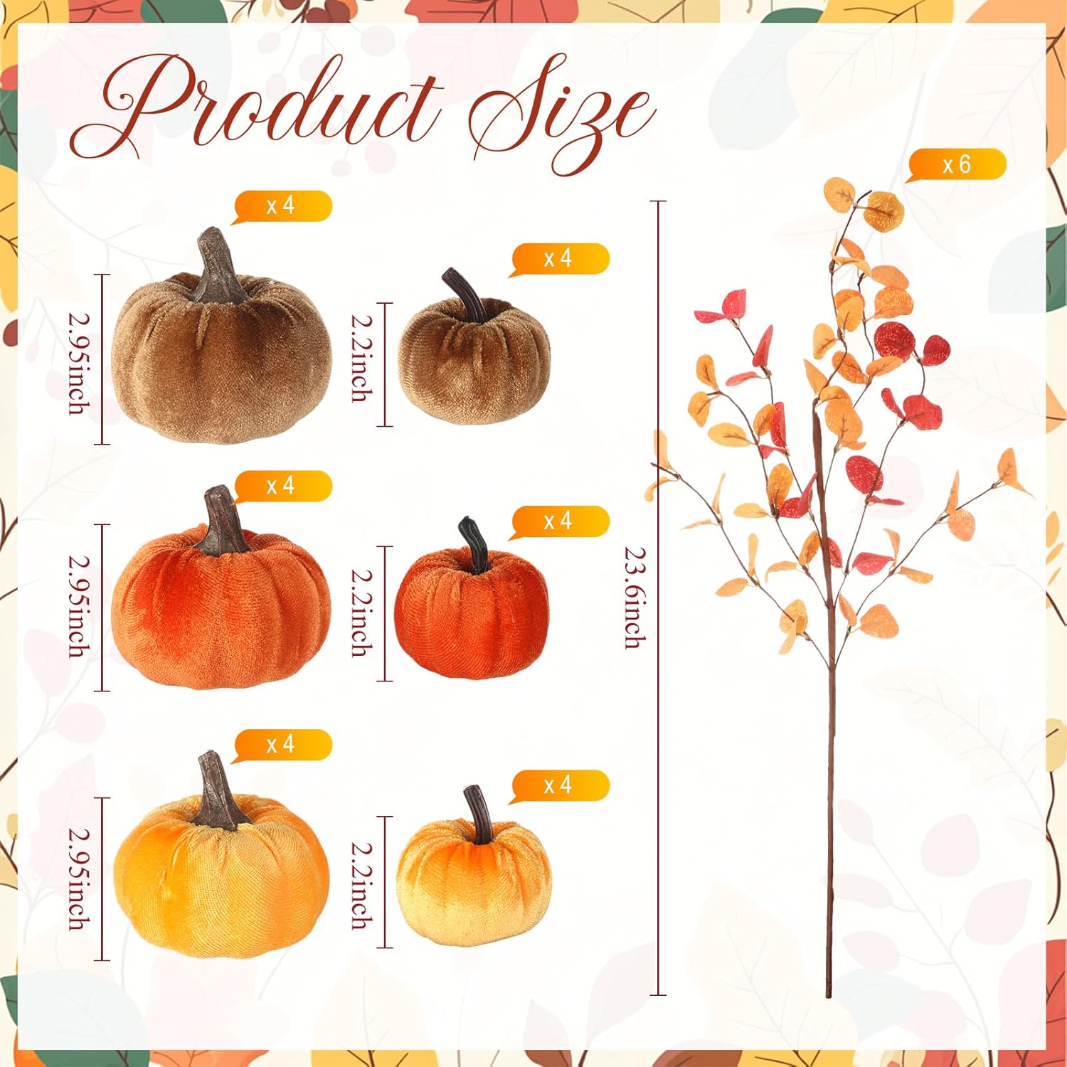 24 Pcs Fall Mini Velvet Pumpkin 6 Pcs Autumn Artificial Eucalyptus Stem with Eucalyptus Leaves Artificial Small Pumpkin for Farmhouse Harvest Thanksgiving Party Home Decoration