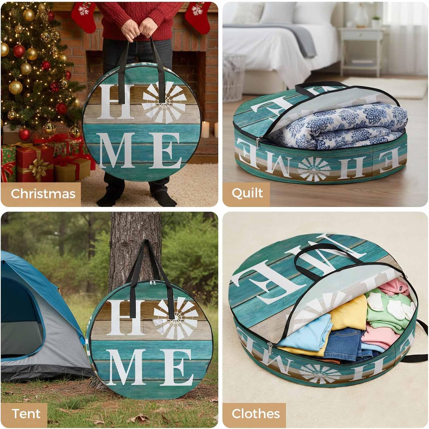 Brown Turquoise Round Storage Bag 36 Inch, Wood Grain Farmhouse Vintage HOME Clothes Storage Container with Handles Heavy Duty Organizer for Comforter, Bedding & Holiday Wreaths