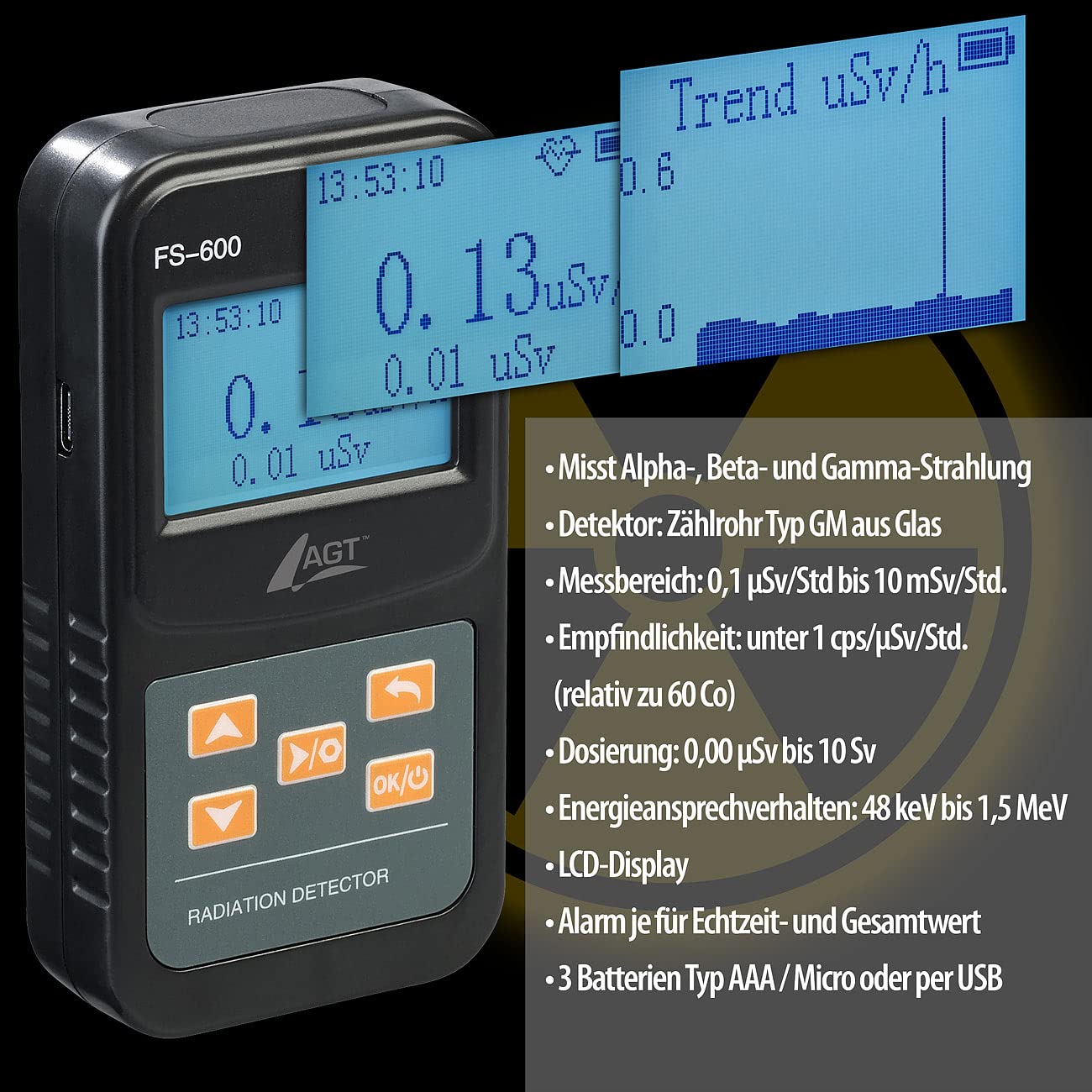 AGT Strahlenmessgerät: Digitaler Geigerzähler & Dosimeter für Alpha-, Beta- & Gammastrahlung (Geigerzähler Alpha- Beta Gamma, Alphastrahlung, strahlenmessung)