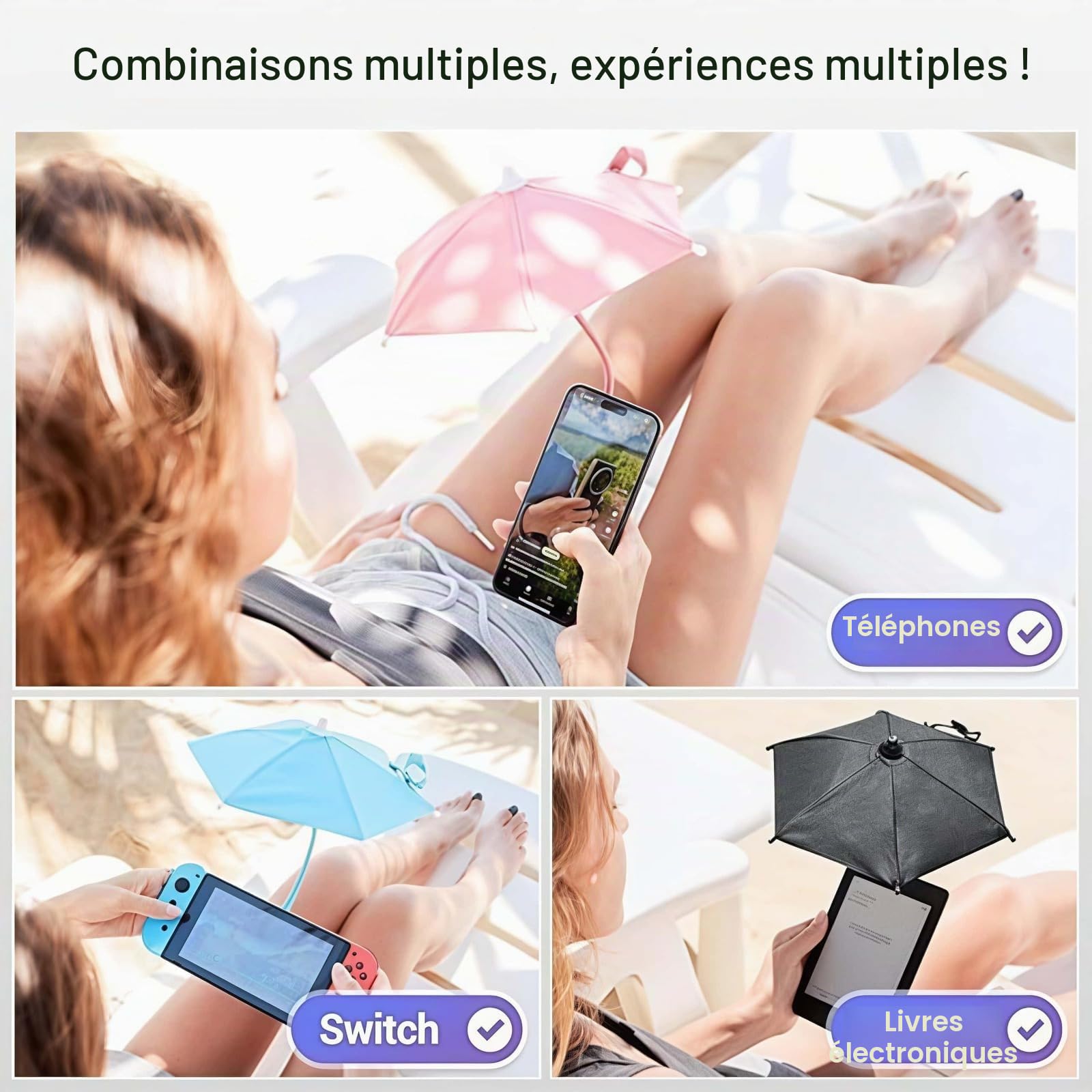 Générique Parasol Téléphone Portable Réglable avec Protection Anti-UV et Imperméable, Parapluie Smartphone Magnétique pour Vélo Moto Voyage Plage Randonnée Utilisation Extérieure