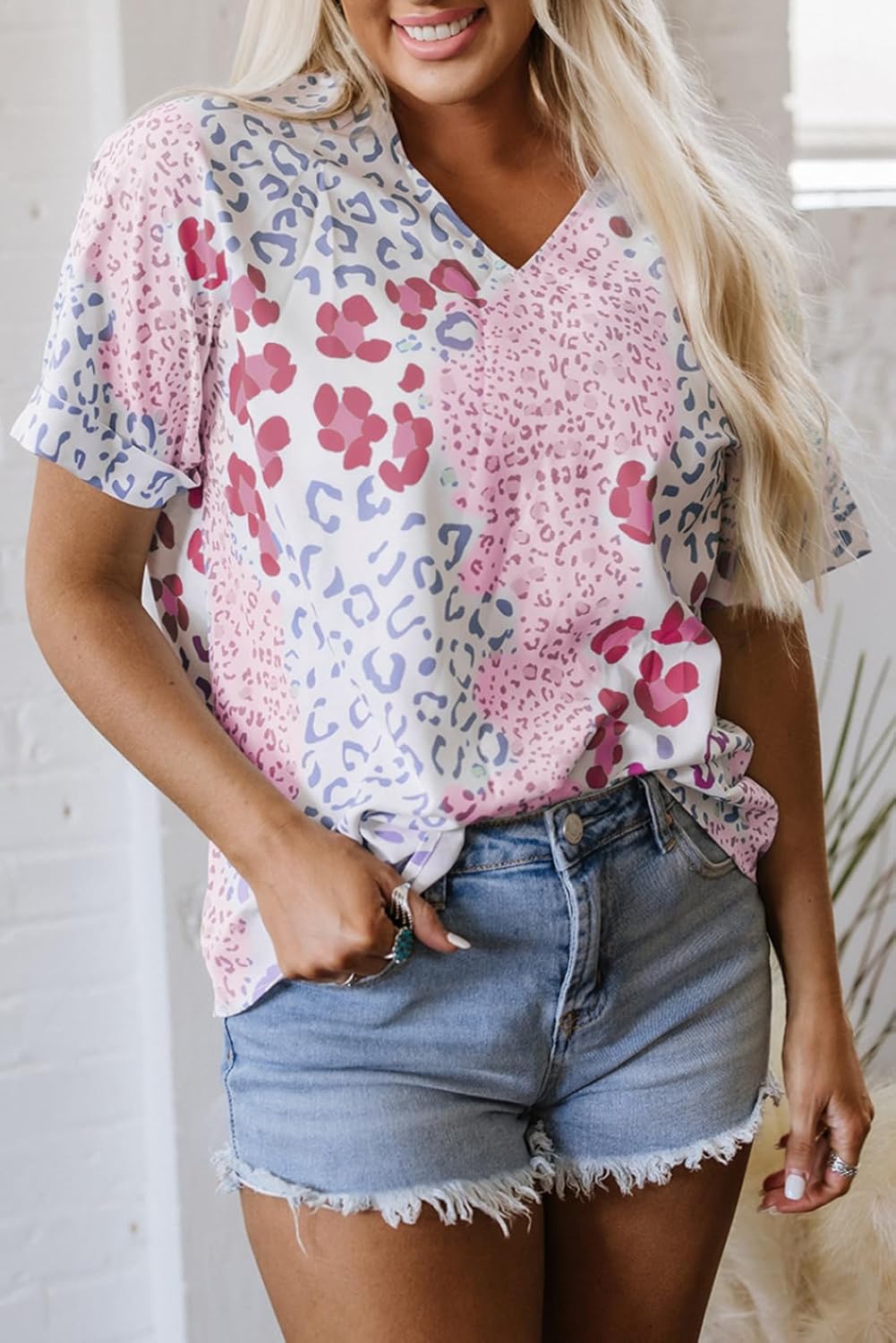 Womens Summer Tops V Neck Short Sleeve T Shirts Leopard Print Casual Loose Boho Blouses - Image 2