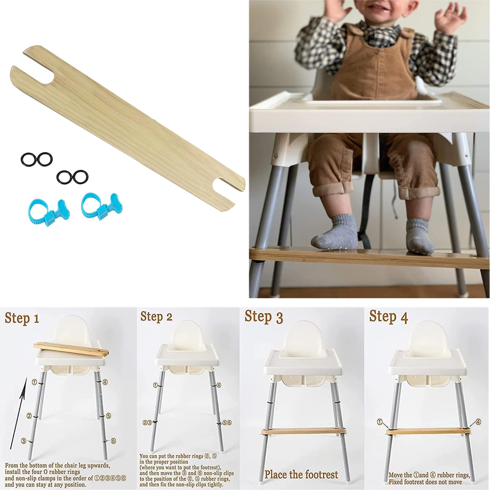 Reposapiés para Trona, Reposapiés Silla Alta Compatible con la Trona Antilop de IKAE, Ajustable de Natural de Madera accesorios para Trona (pino)