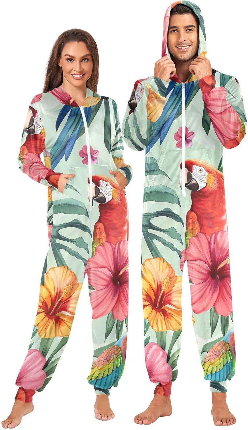 GAIREG Tropical Flower Parrot Green One-Piece Christmas Pajamas, Soft Onesie Pjs for Men Women