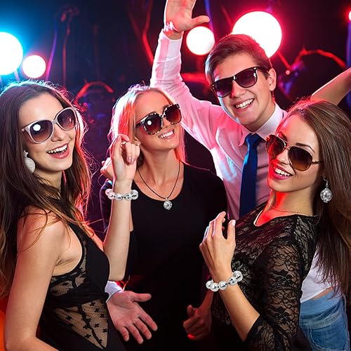 Miniatura 4 de 4 piezas de accesorios de bola de discoteca aretes de bola de discoteca para mujer, pulsera de bola de espejo de discoteca de los años 60 y 70,