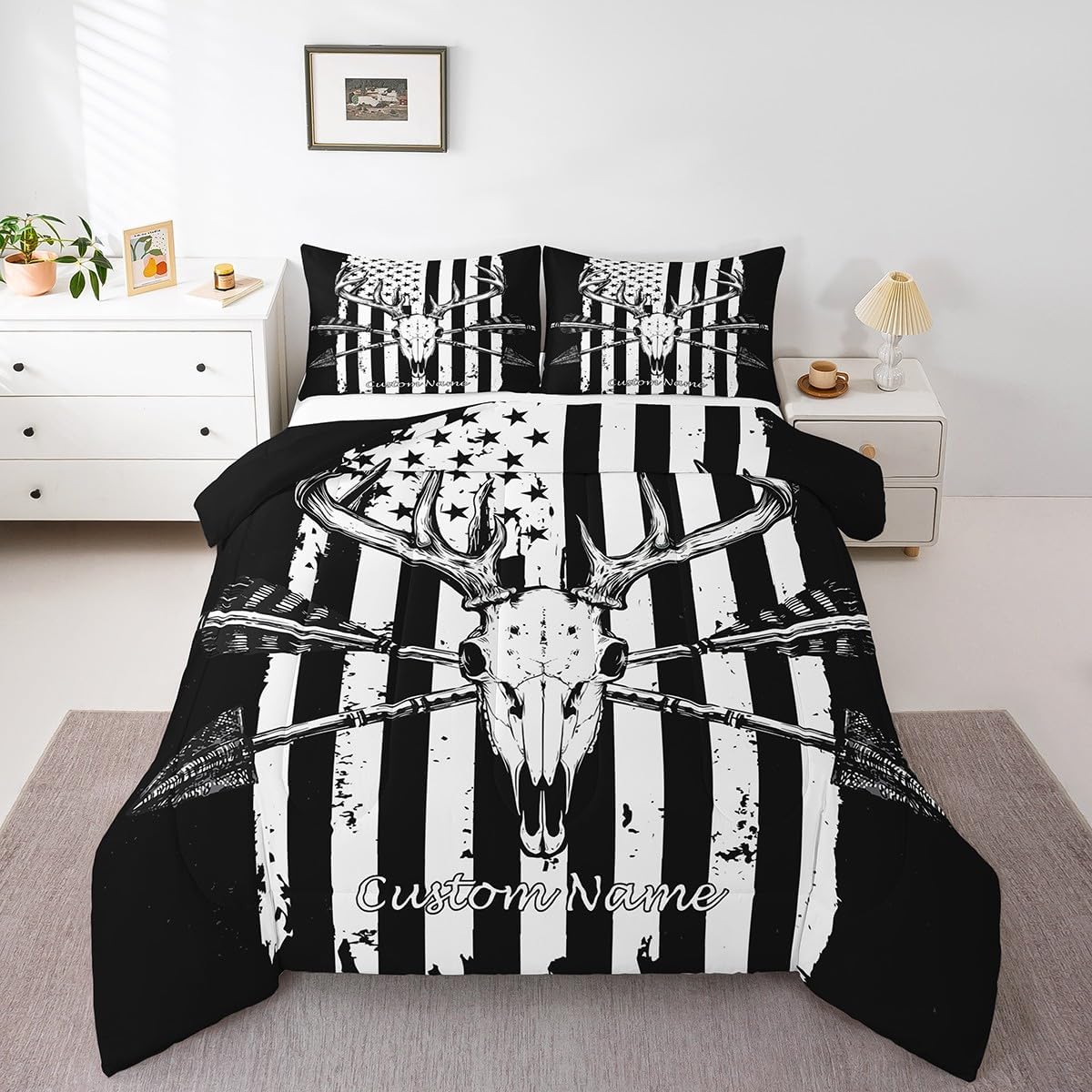 Personalized Deer Skull Comforter Set Custom American Flag Hunting Bedding Set Queen Gifts For Boys Teen Men,Boho Arrows Comforter Southwestern Tribal Exotic Quilt Duvet 2 Pillow Cases Black White
