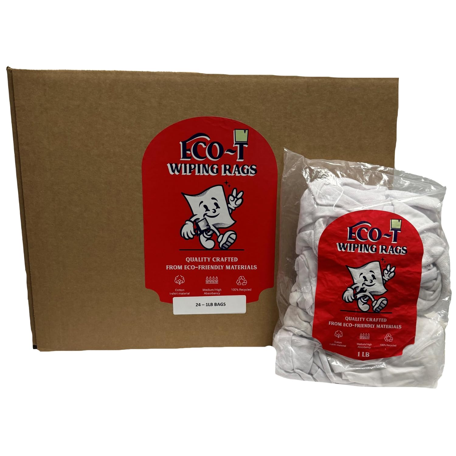 24 X 1 lb Bags 24 Lbs Eco-T Paint Rags - White T-Shirt Material 100 Recycled Eco-Friendly High