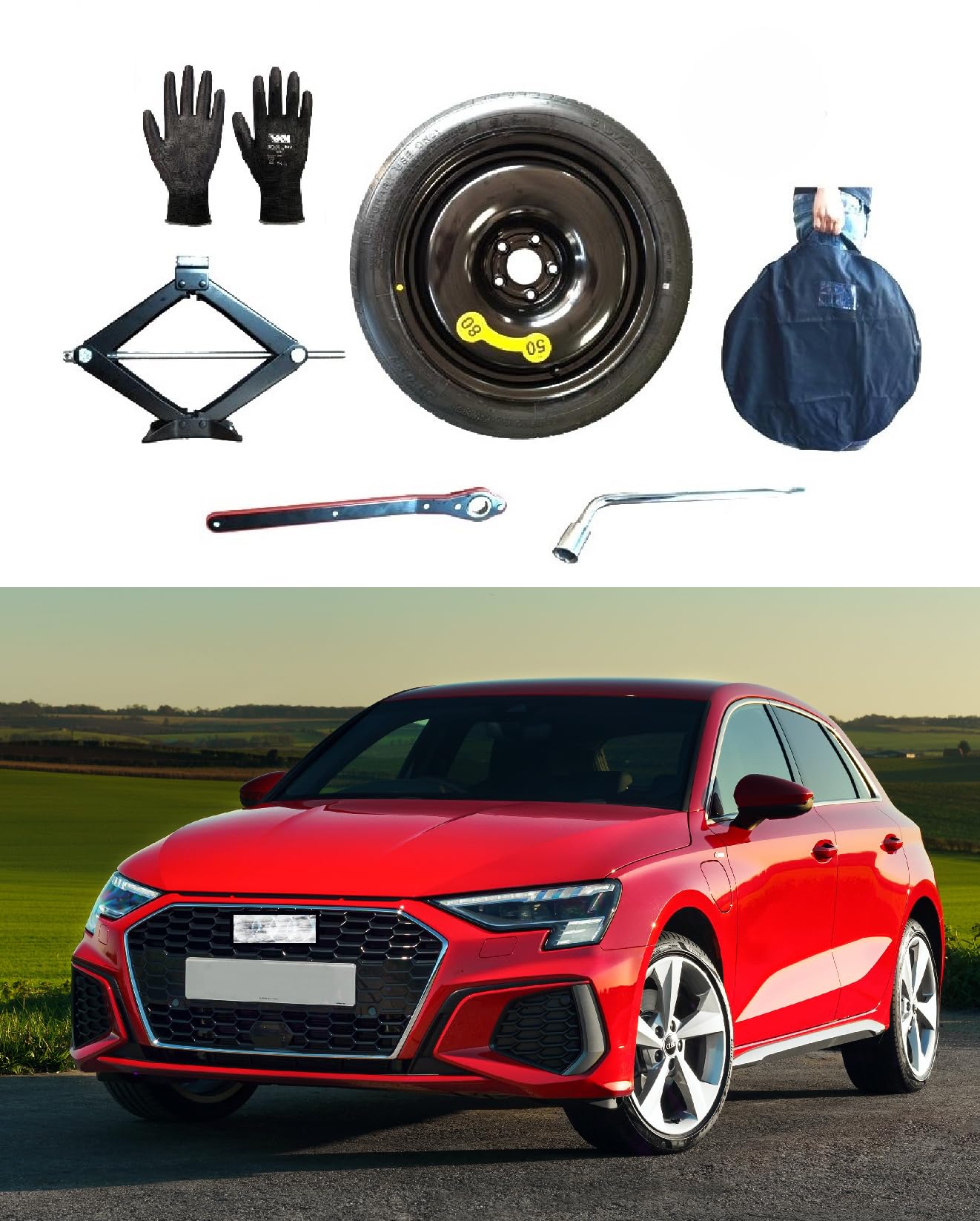 D'angelo 1988 Kit Ruotino di Scorta 18" compatibile con @ u d i A3/A3 Sportback con Cric, Chiave, Guanti e Sacca