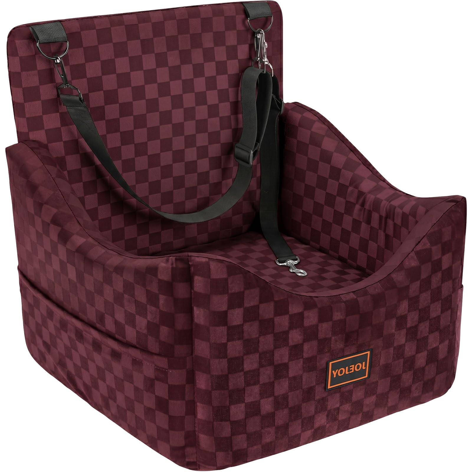 JOEJOY Elevated Dog Car Seat for Small/Medium Dogs up to 36 lbs, Memory Foam Booster Seat with Detachable Washable Cover, Travel-Safe Car Bed with Safety Belts &amp; Storage Pockets, Red