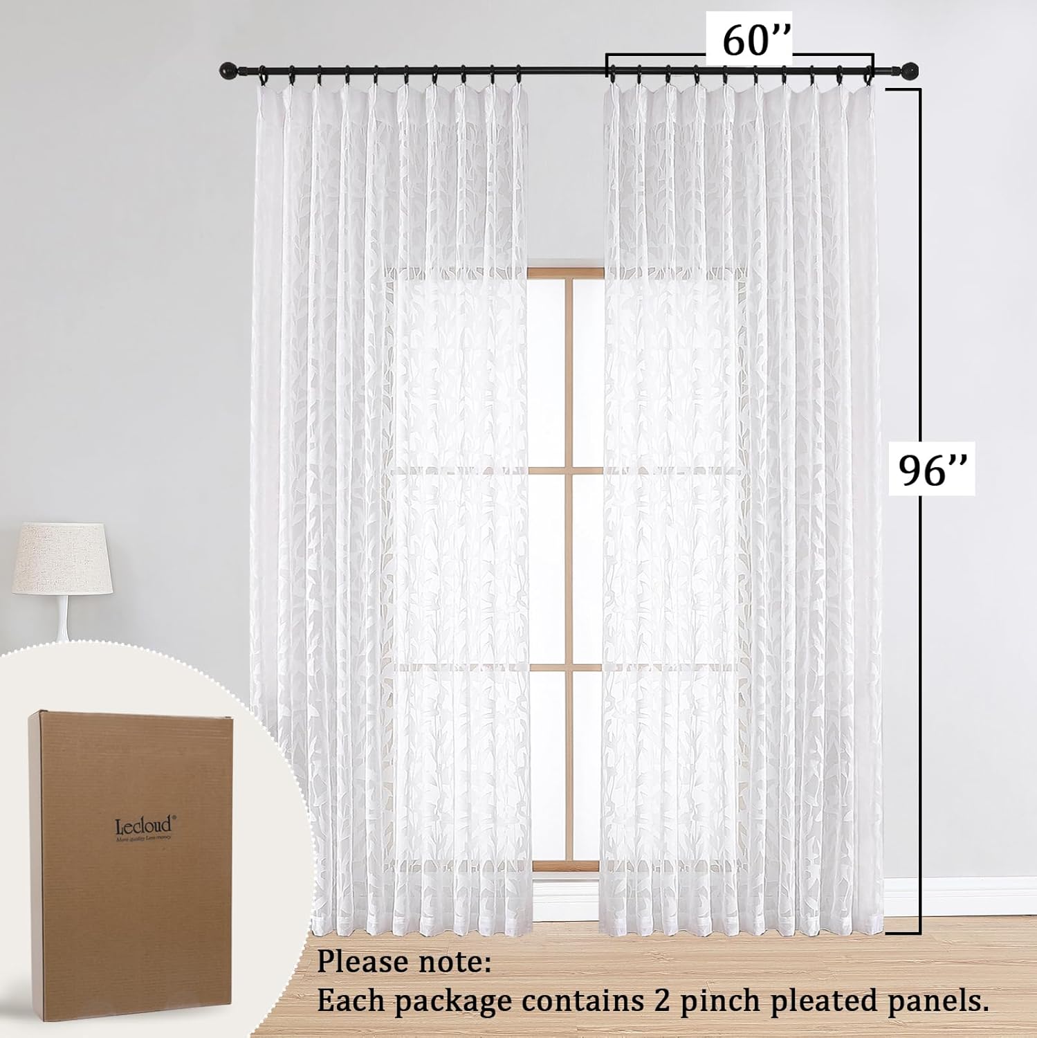 Lecloud Pinch Pleated White Sheer Curtains 96 Inches Long 2 Panels for Large Window, 60 Inch Extra Wide Jacquard Textured Semi Sheer Curtains for Living Room with Hooks Rings Back Tab, 60" W x 96" L