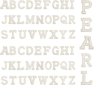 52 Pcs Pearl Iron On Letters, AngleKai White Pearl Rhinestone Letters Patches A-Z English Pearl Iron on Letter Patches Alphabet Glitter Applique Pearl Letter Patch for Craft DIY Hats ClothingWhite