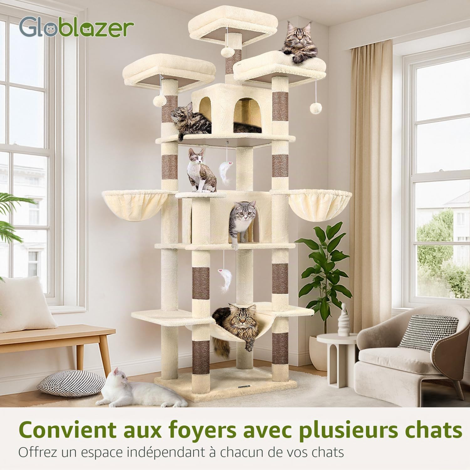 Globlazer Arbre à Chat Grand Beige, Arbres a Chats XXL Hauteur 204 cm avec 3 Perchoirs Rembourrés, 2 Niches, 2 Paniers, Hamac, Tour de Chat Stable pour 3-5 Chats Adulte Repos Jeu Gratter (F80, Beige)
