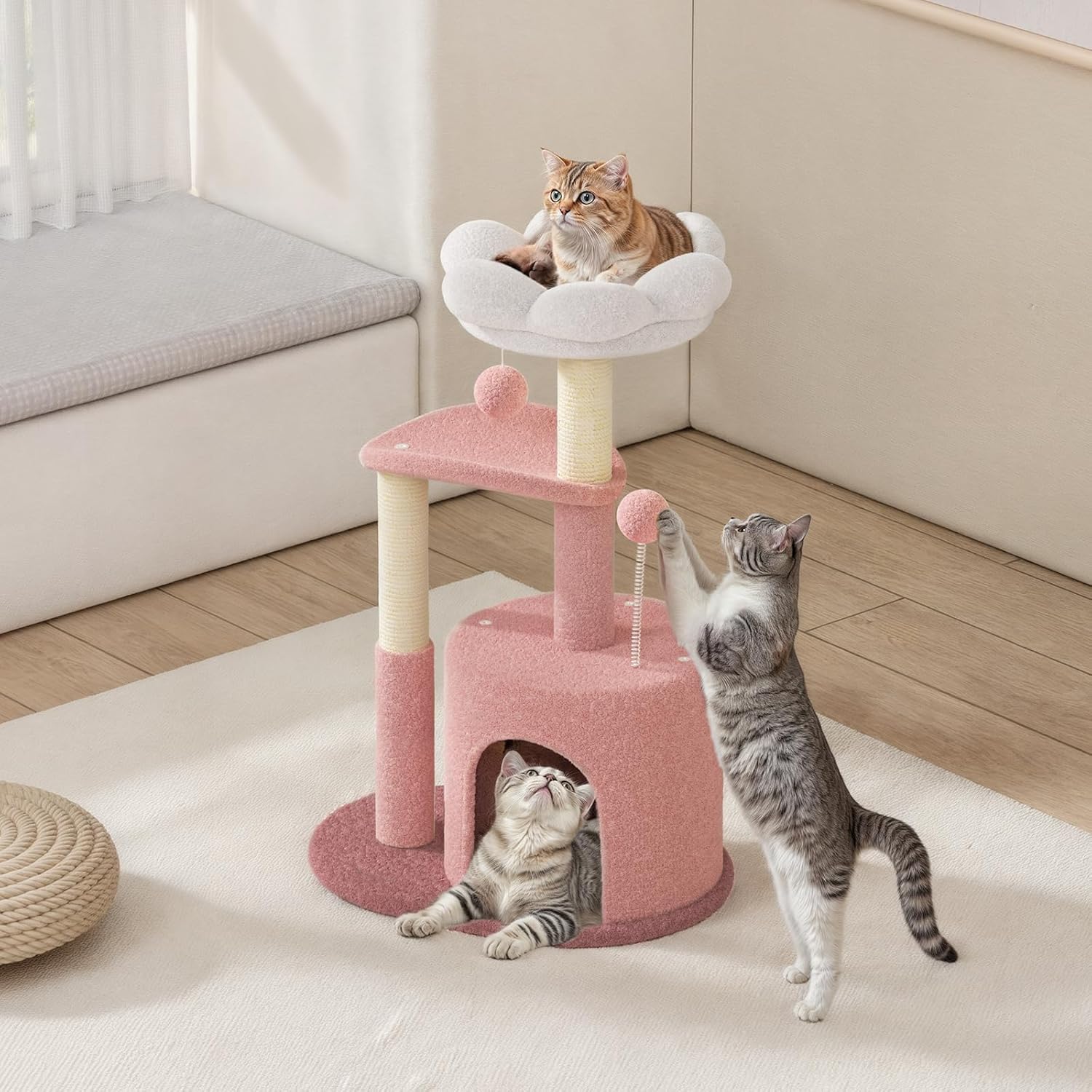 MoNiBloom 33" Flower Cat Tower, Cute Cat Activity Tree with Scratching Post for Indoor Kittens, Cozy Condo & Plush Perches, Pink