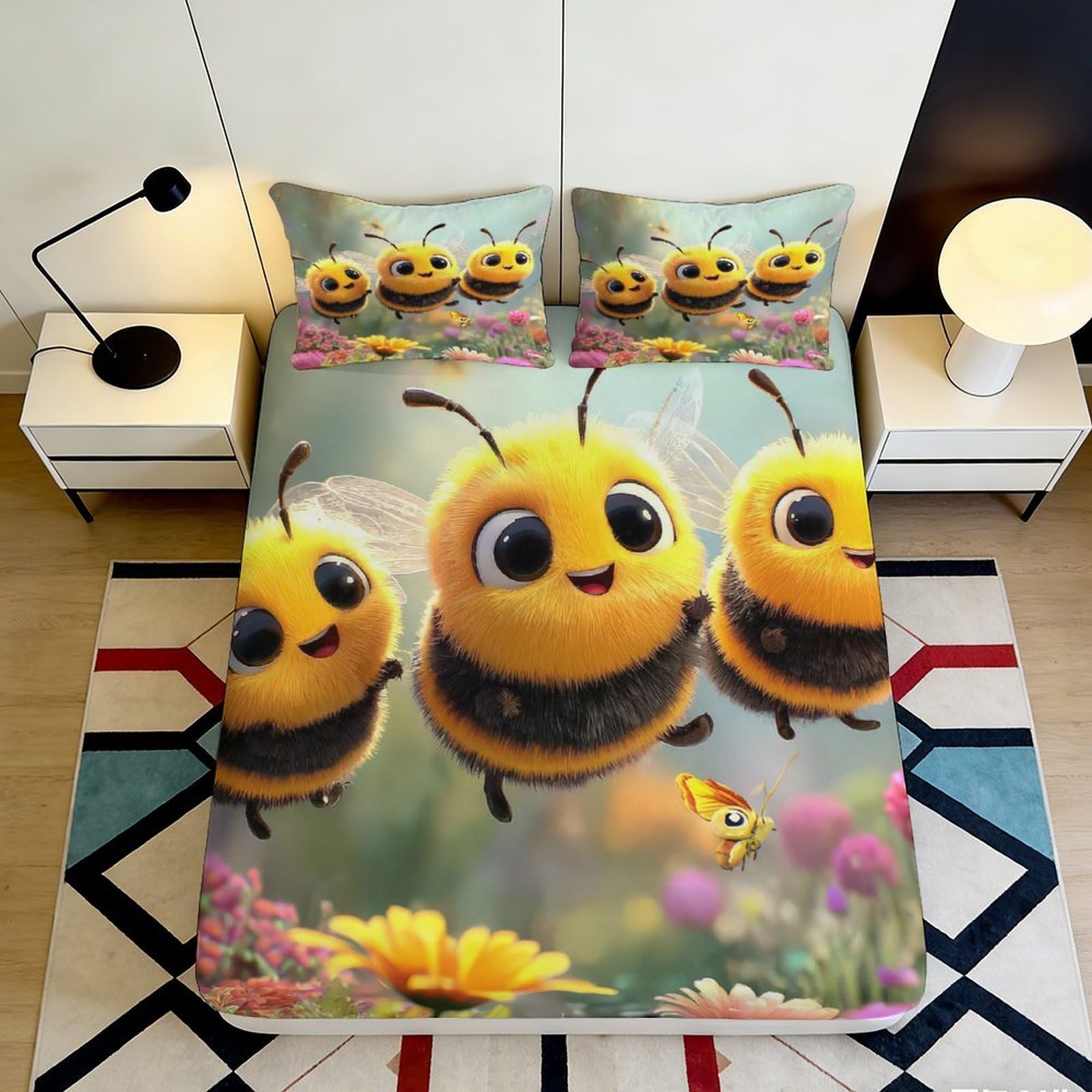3D Printed Cute Bumblebee Fitted Sheet Microfiber Soft Breathable Flower Meadow Bed Cover for Bedroom Dorm Decor 90x200x25cm