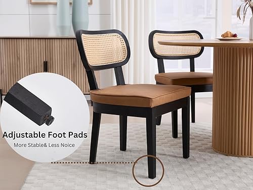 Miniatura 6 de Juego de 2 sillas de comedor de ratán de granja, sillas modernas de madera para cocina y comedor con respaldo de caña, cómodo asiento tapizado de